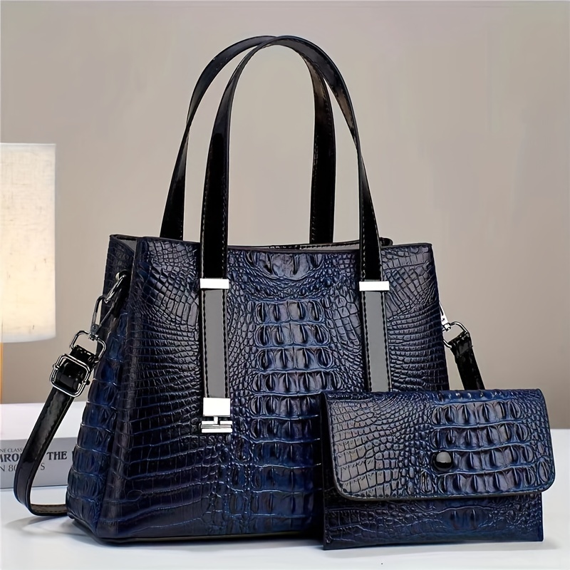 Trendy Crocodile Pattern Tote Bag Set Solid Color Multilayer