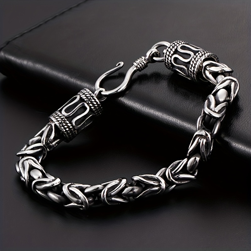 Men's Sterling Silver and Leather Dragon Bracelet - Dragon Pattern