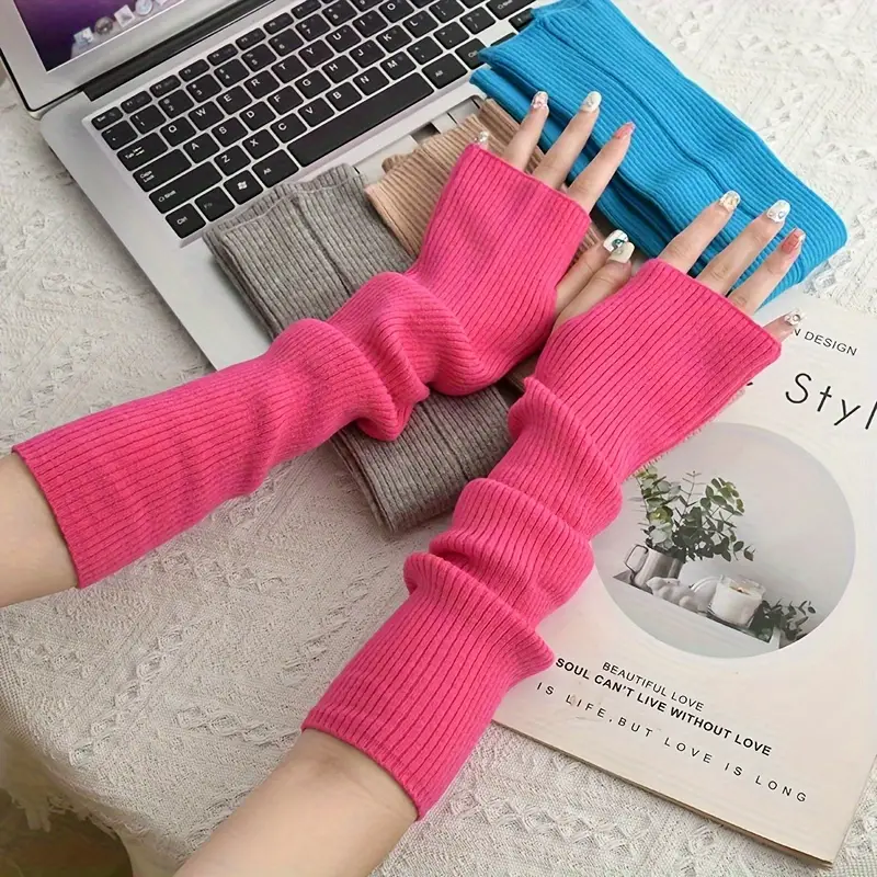 long vertical striped knit gloves thick soft warm fingerless arm sleeves with thumb hole autumn winter coldproof versatile gloves 5