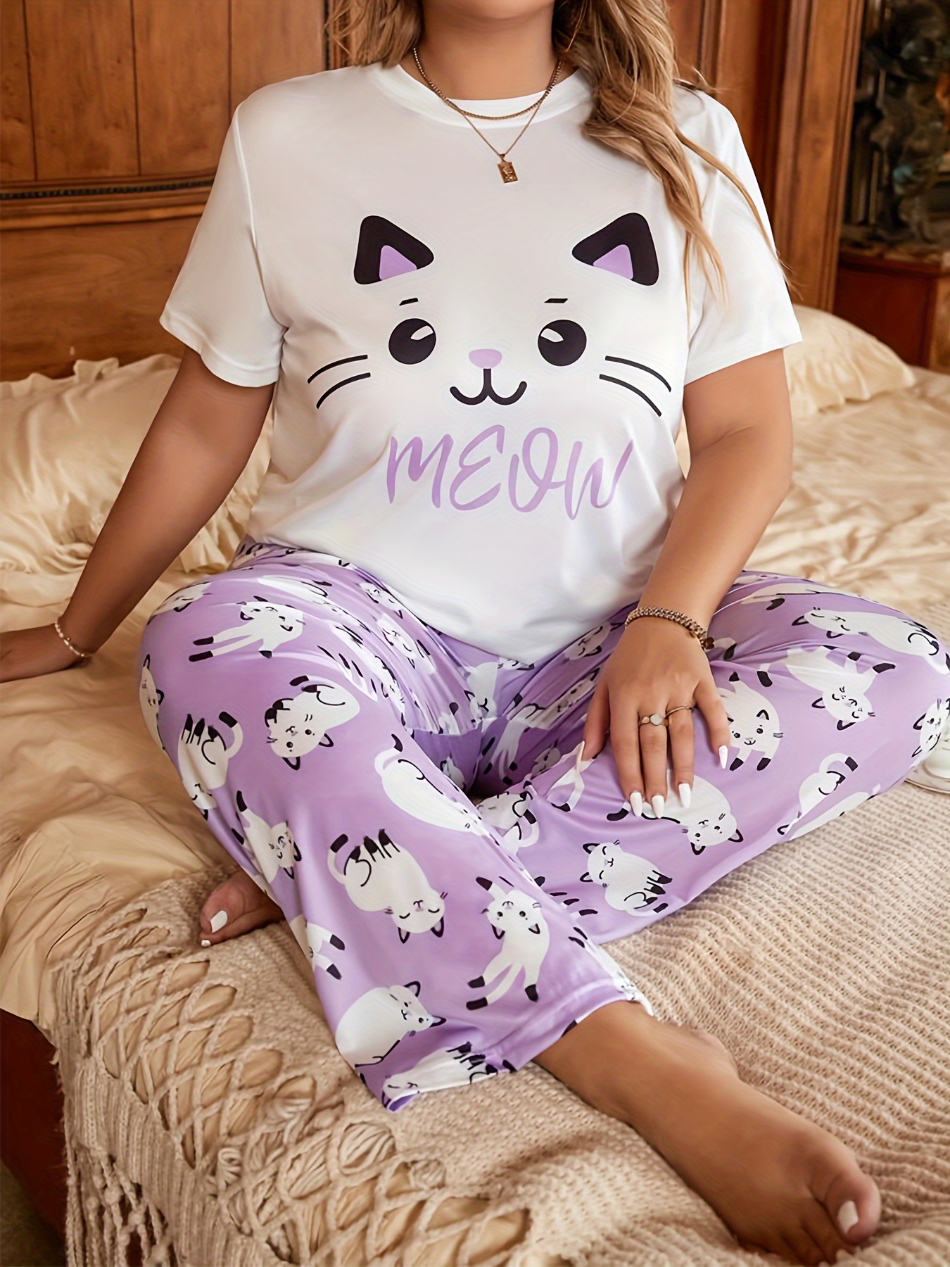 Plus Size Cute Pajama Set, Women's Plus Cat Print Short Sleeve Top & Pants  Slight Stretch Pajama 2pcs Set