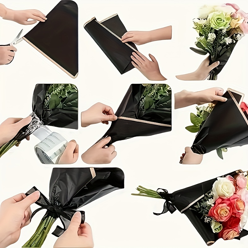 Panda Superstore 20 Sheets Korean Transparent Cellophane Wrap English Words  Black Flower Wrapping