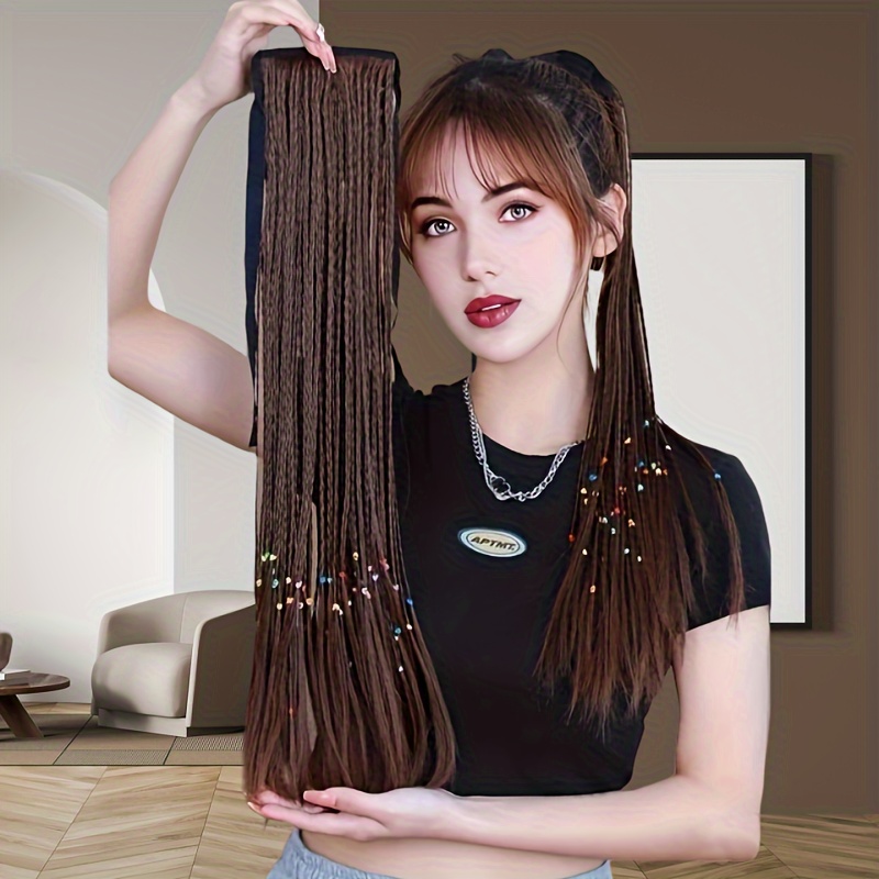 Brown Long Straigh Hair w Braid and Ribbon