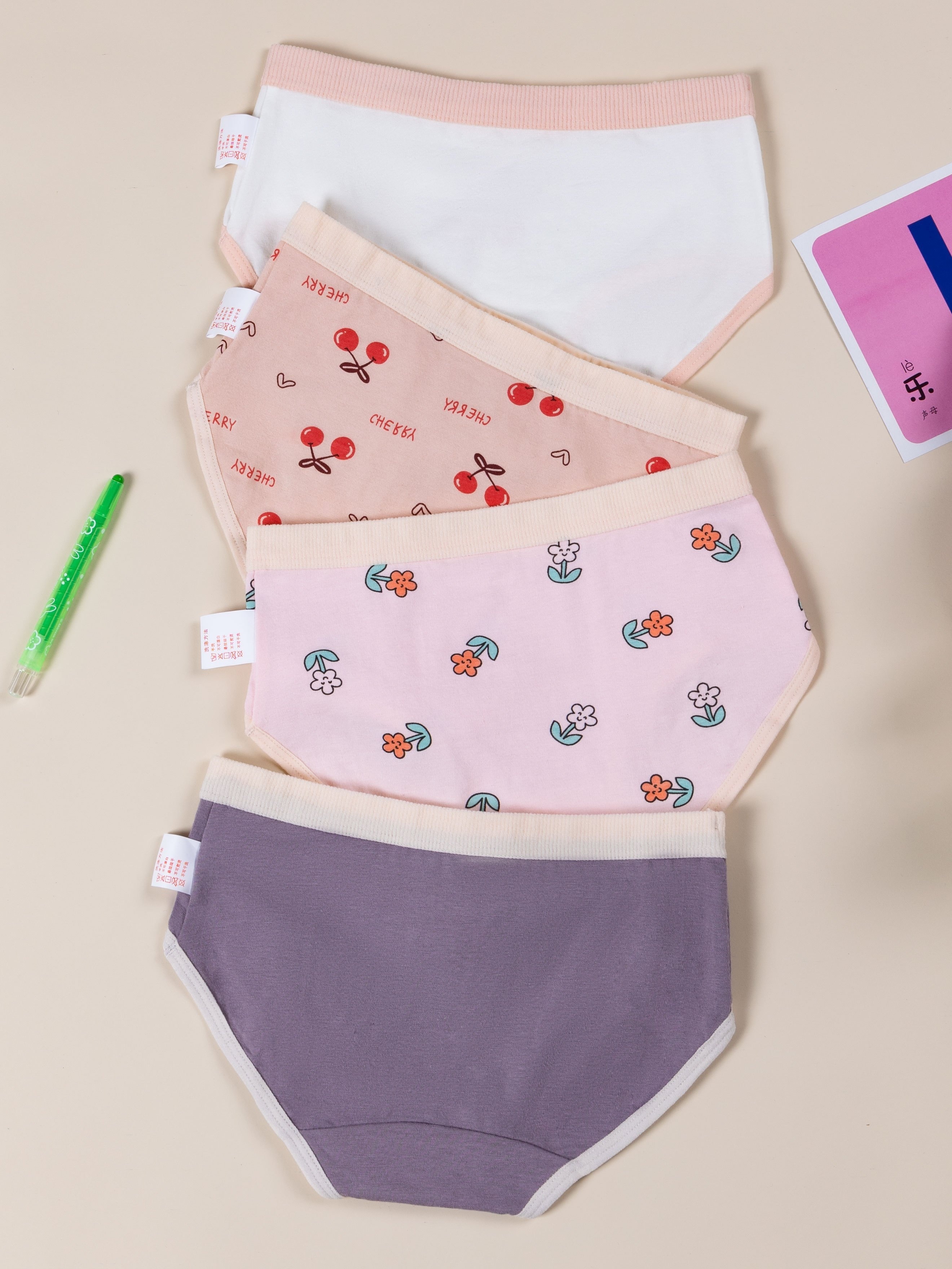 4Pcs Girl's Cotton Cute Cherry Full Printed Triangle Panties, Small And  Medium Children's Medium Stretch Briefs
