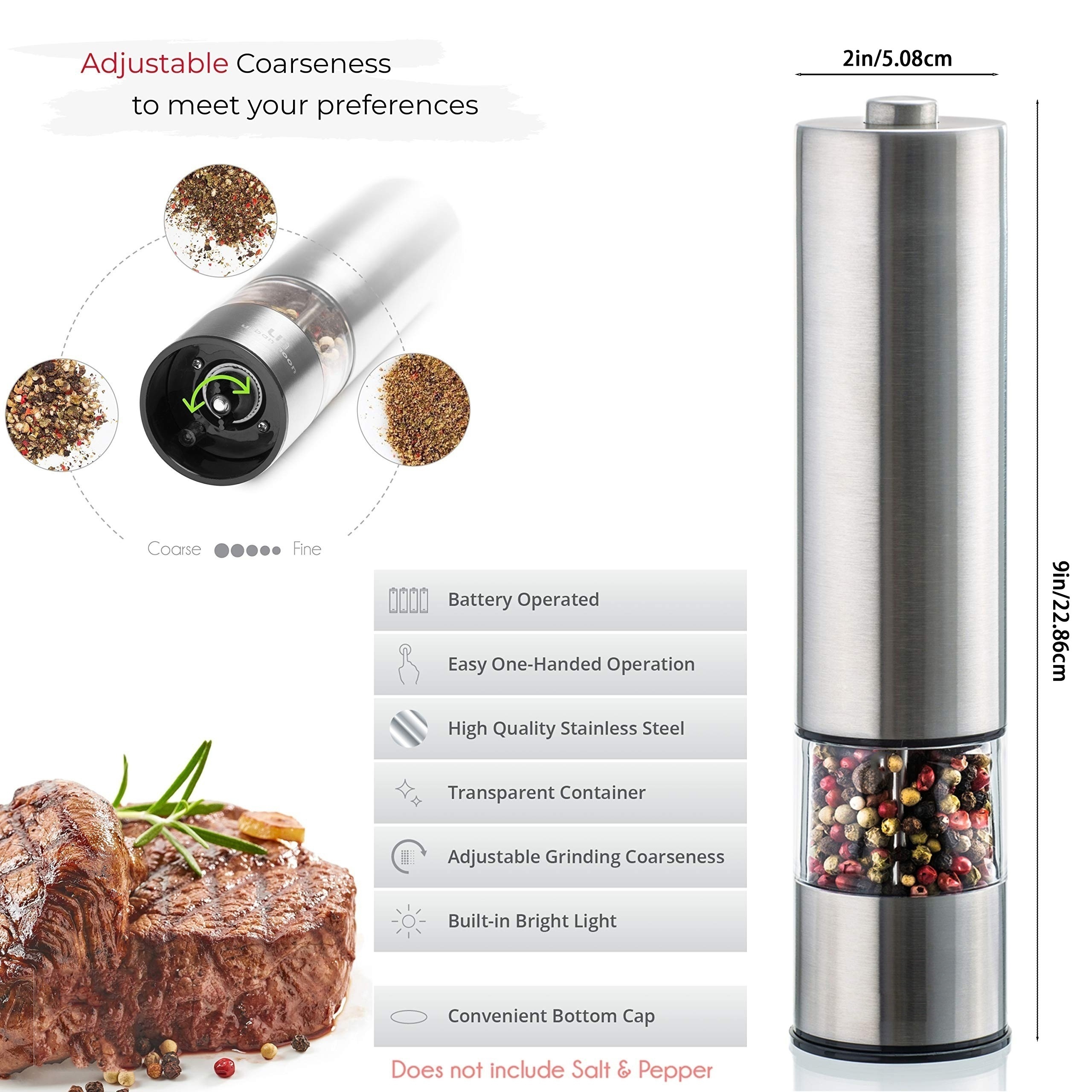 Electric Salt And Pepper Mill - Battery Operated Stainless Steel Mill Light  - Automatic One-hand Operation - Electronically Adjustable Shaker - Temu