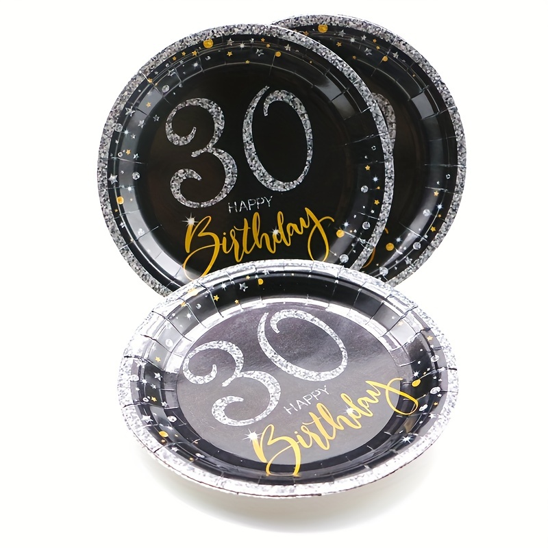 Platos de 30 cumpleaños negro y dorado, postre, bufé, pastel, almuerzo,  platos de cena para decoraciones de cumpleaños 30, suministros de fiesta