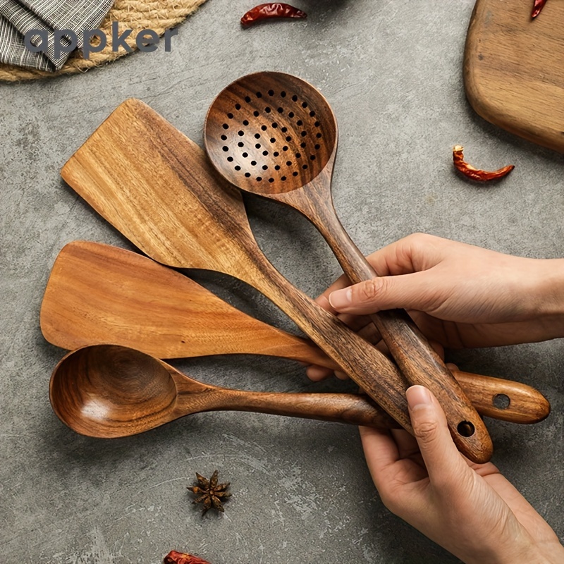 Cucharas de madera para cocinar, juego de 6 espátulas de cocina de madera  de teca natural con soporte para utensilios, agarre cómodo, utensilios de