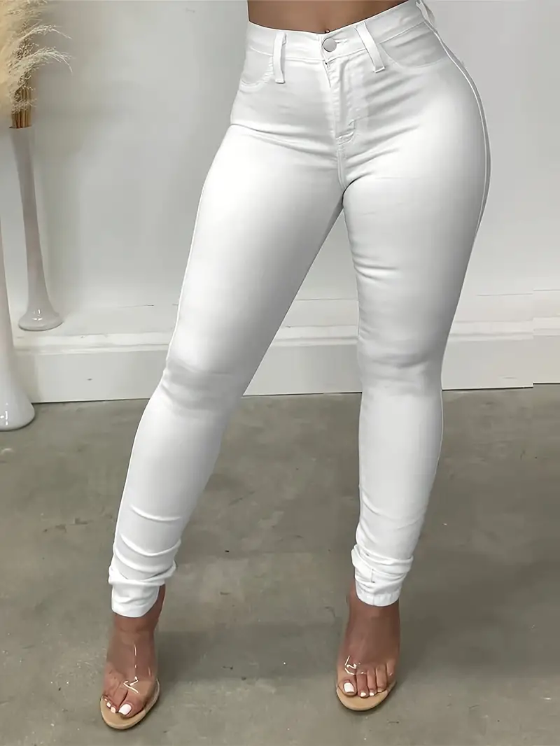 Jeans Ajustados Blancos Lisos, Pantalones De Mezclilla De Tiro Alto Con  Curvas Y Estiramiento Medio, Jeans Y Ropa De Mezclilla Para Mujer
