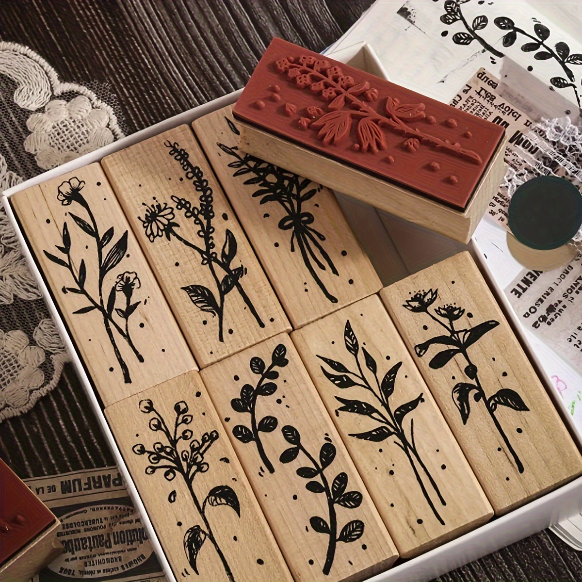 12 Pieces Vintage Wooden Flower Stamp Rubber Plant Decorative Mounted  Rubber Stamp Set for DIY Craft, Letters Diary and Craft Scrapbooking