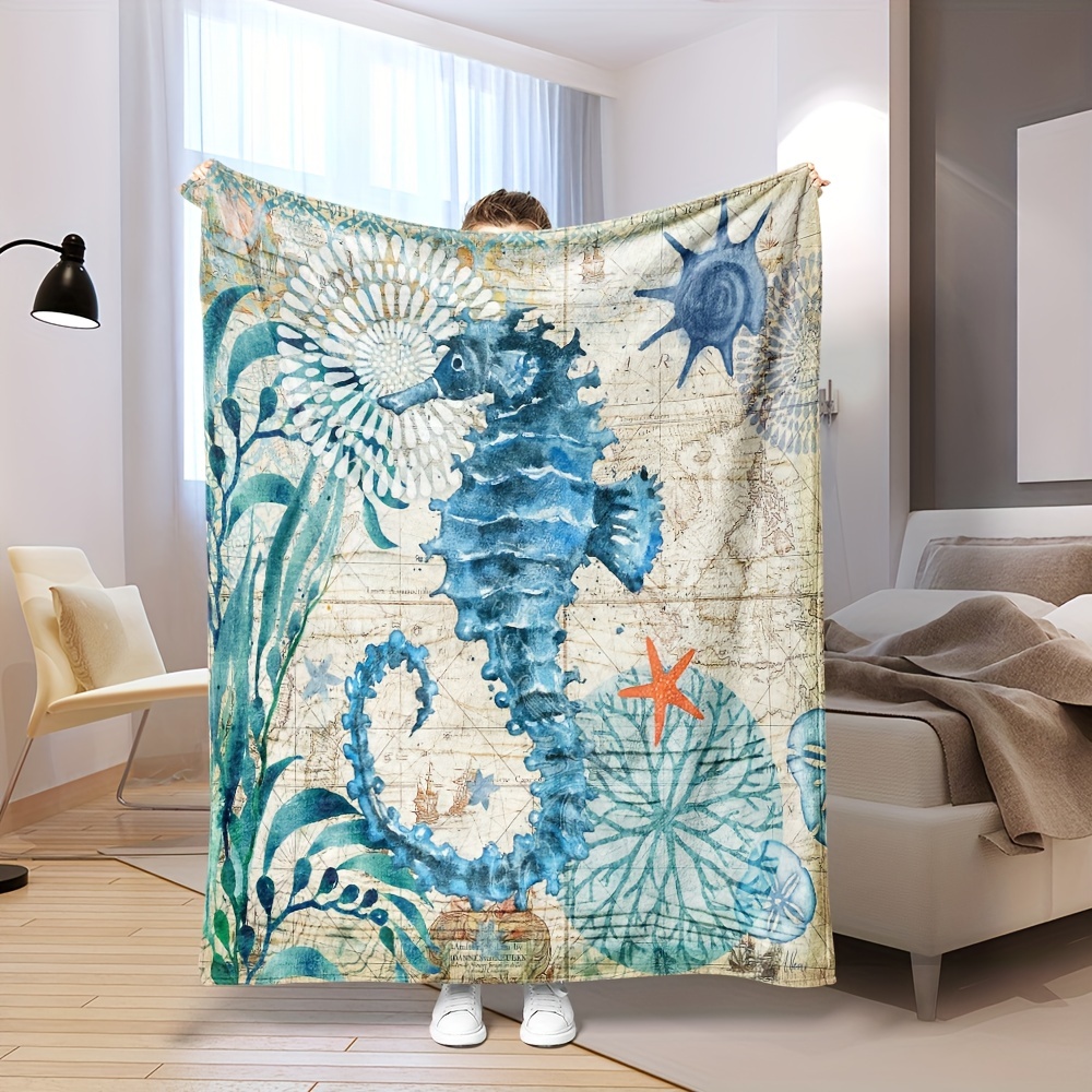 Seahorse Print Blanket Ocean Animal Flannel Blanket Soft - Temu