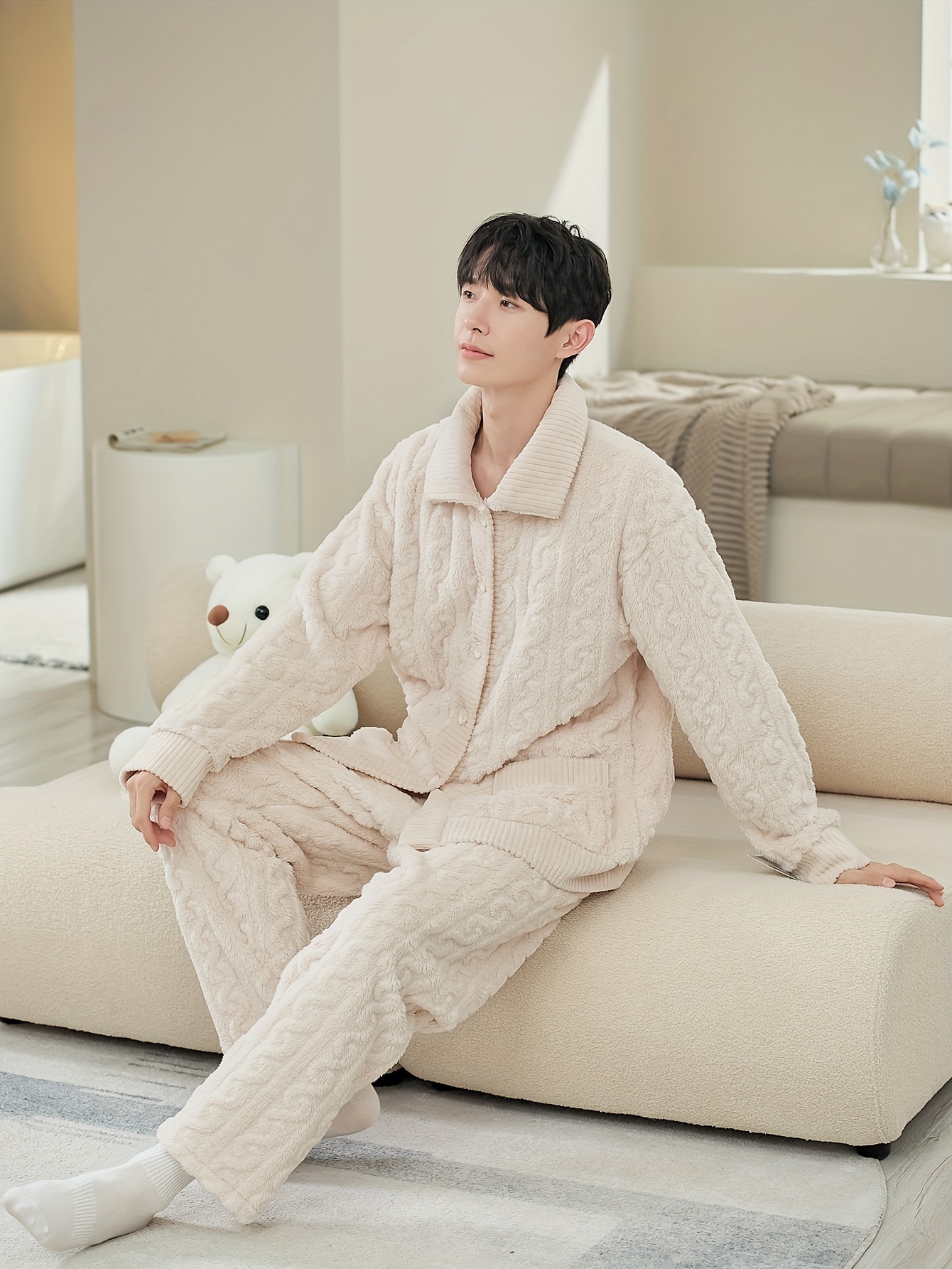Men Indoor Fleece Pajama Set Top and Pants Warm Long Sleeve Lapel Collar  Winter