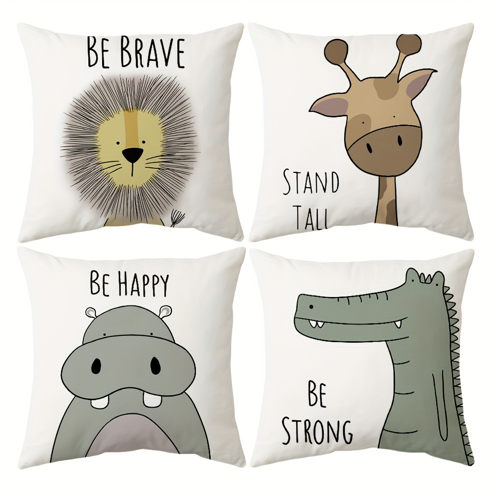 

4pcs, Cartoon Animal Pillowcases, Double Sided Printing, Hippo, Giraffe, Lion, Crocodile Suitable For Sofa Sofa Home Decor Throw Pillowcases, Set Of 4, 17.7*17.7 Inches, Without Pillow Inserts