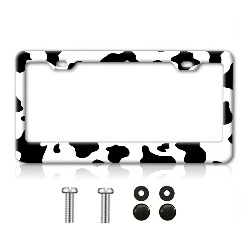 

Cow Print Car License Plate Frame - Stainless Aluminum With 2 Holes & Screws - Perfect For Your Auto!