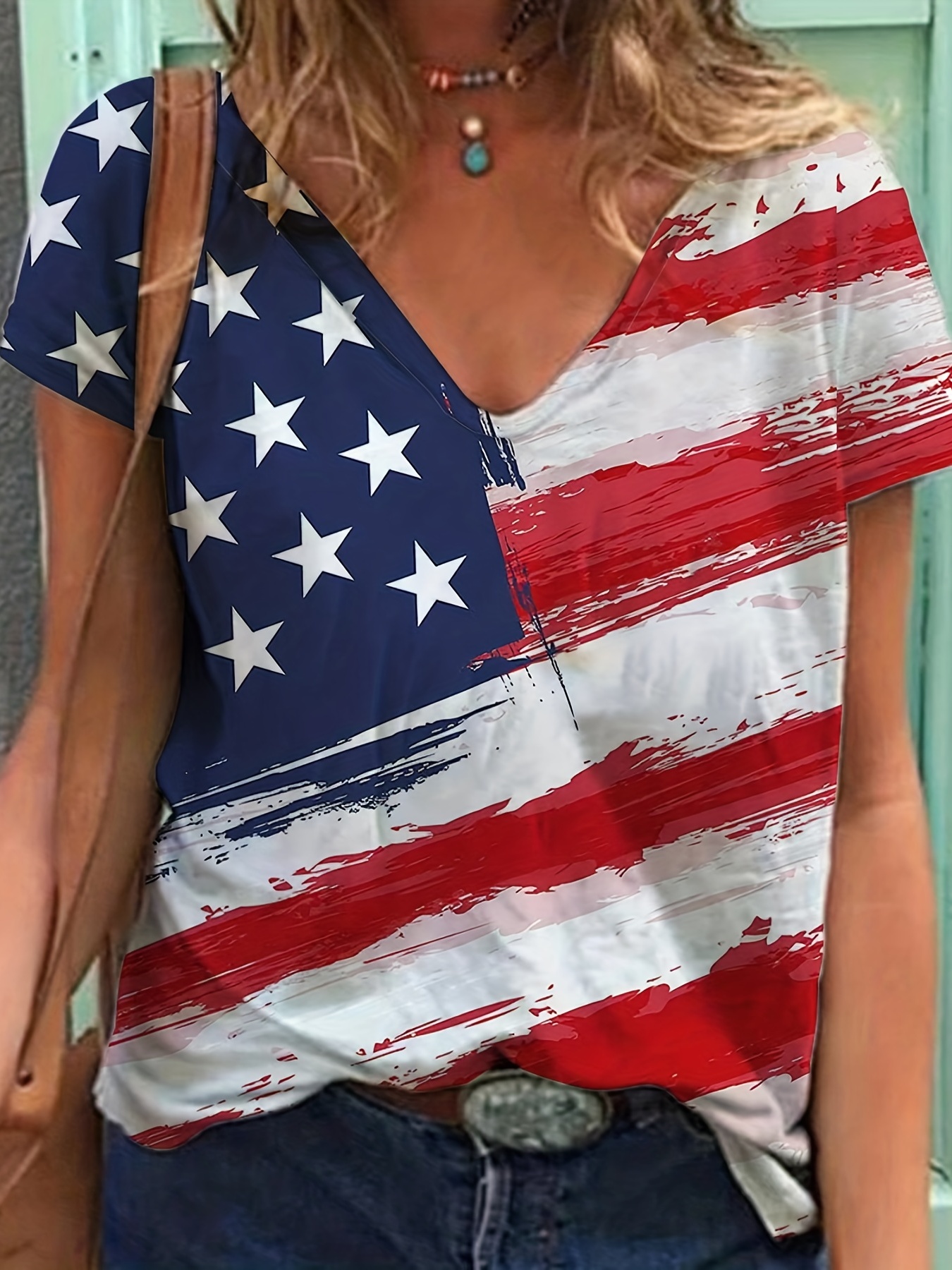Cotton Polyester Spandex Shirt Independence Day for Women Plus Size  American 4 of July Printed V Neck Short