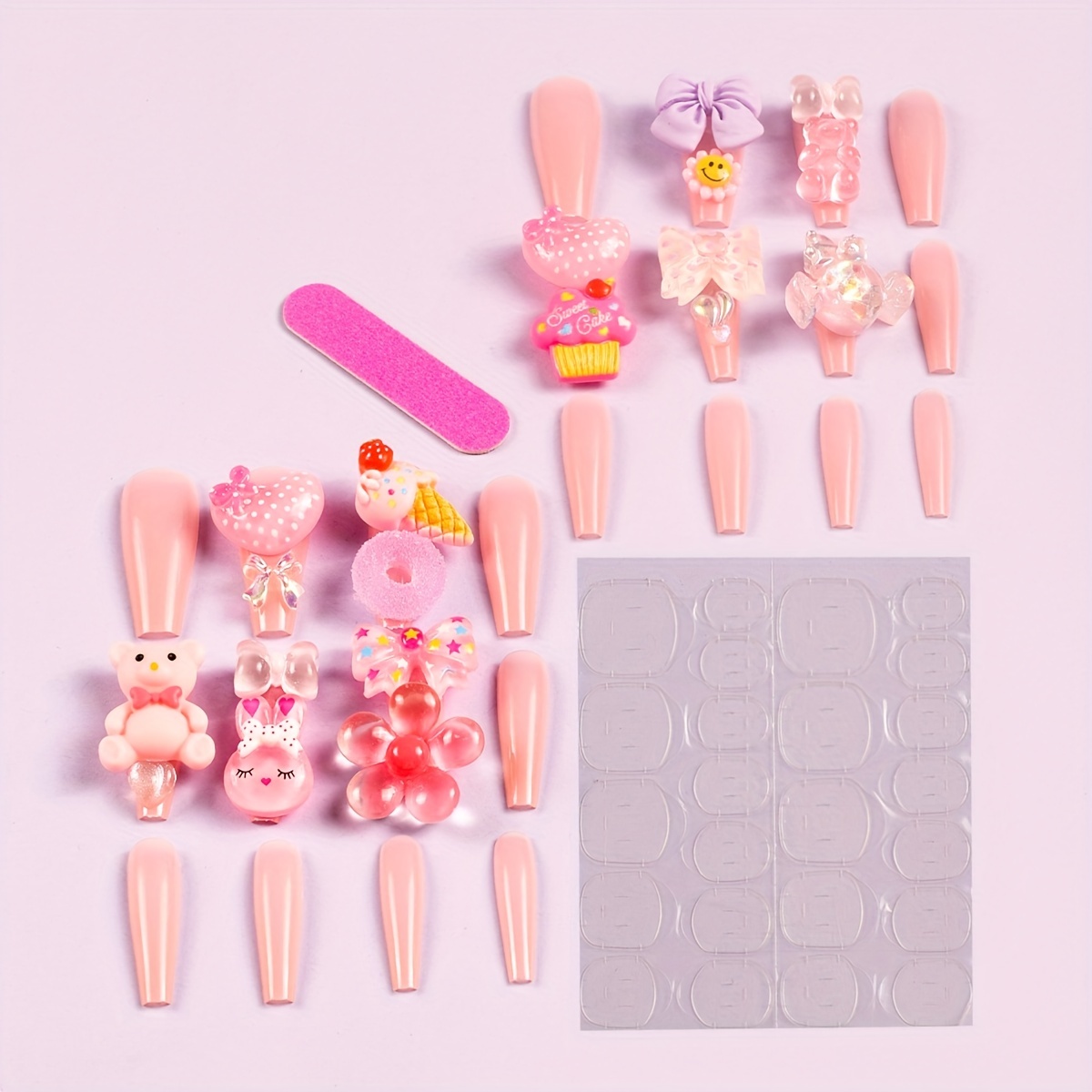 24pcs Cute Cartoon Fake Nails, Press On Nails With 3d Kawaii Bear Rabbit  And Heart Flower