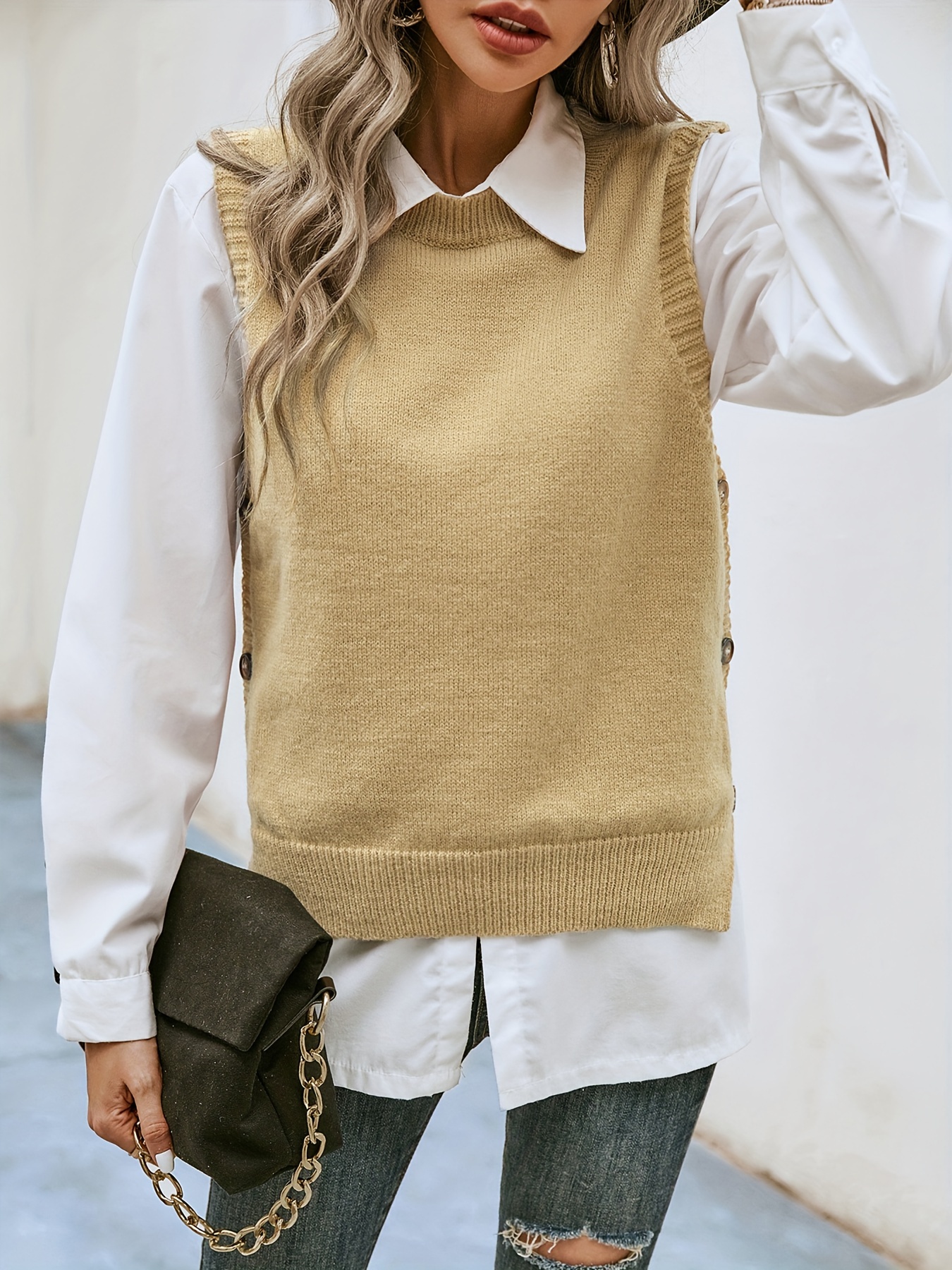 Side Button Solid Knit Vest Casual Crew Neck Sleeveless Vest - Temu