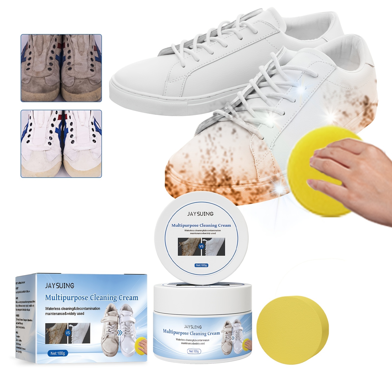 Chaussures Blanches crème de Nettoyage détachant Chaussures blanchissant crème  nettoyante Tout Usage avec éponge essuyée pour Chaussures Baskets