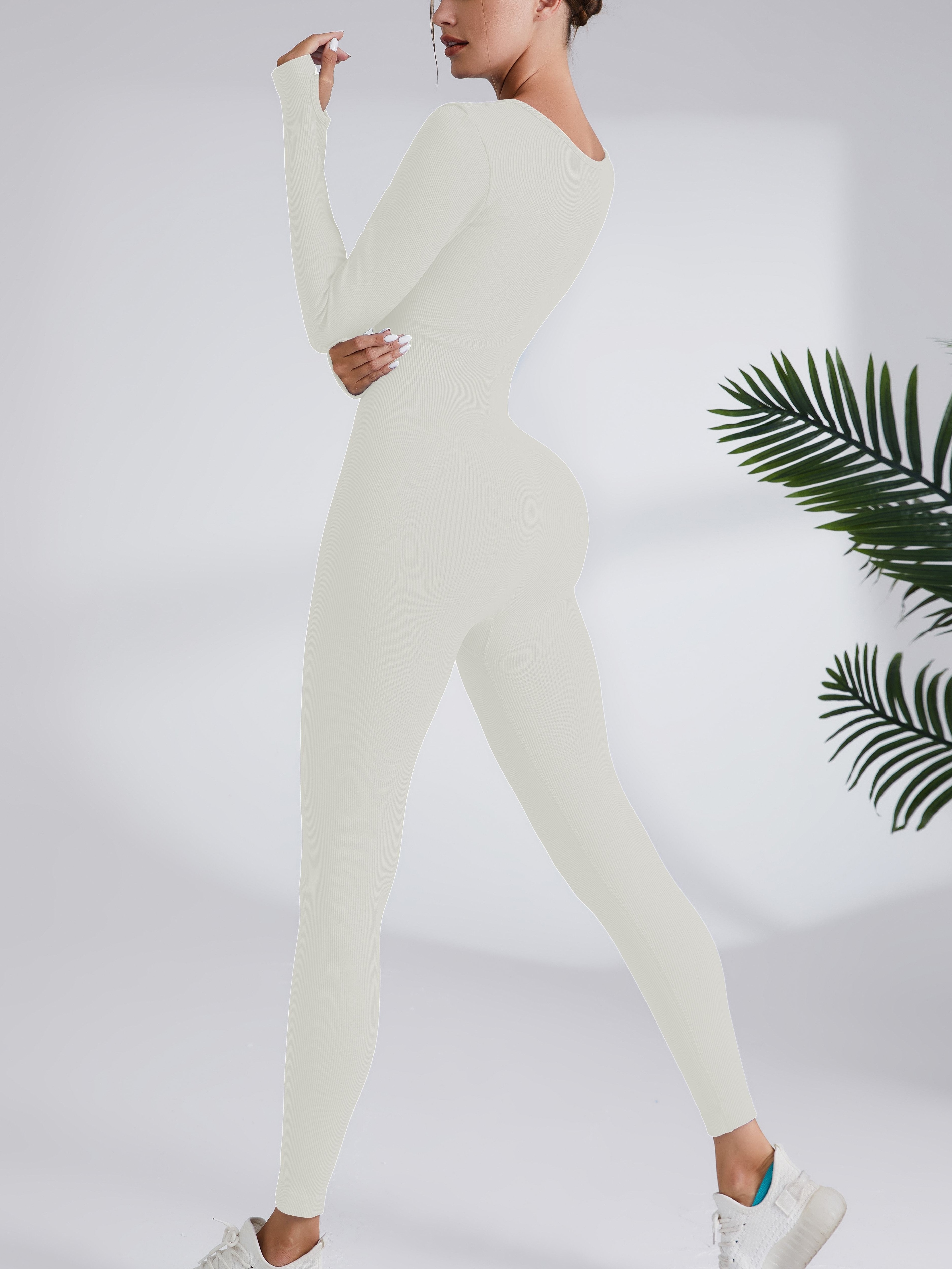 Women's Activewear: Ribbed Long Sleeve Yoga Bodysuit Back - Temu