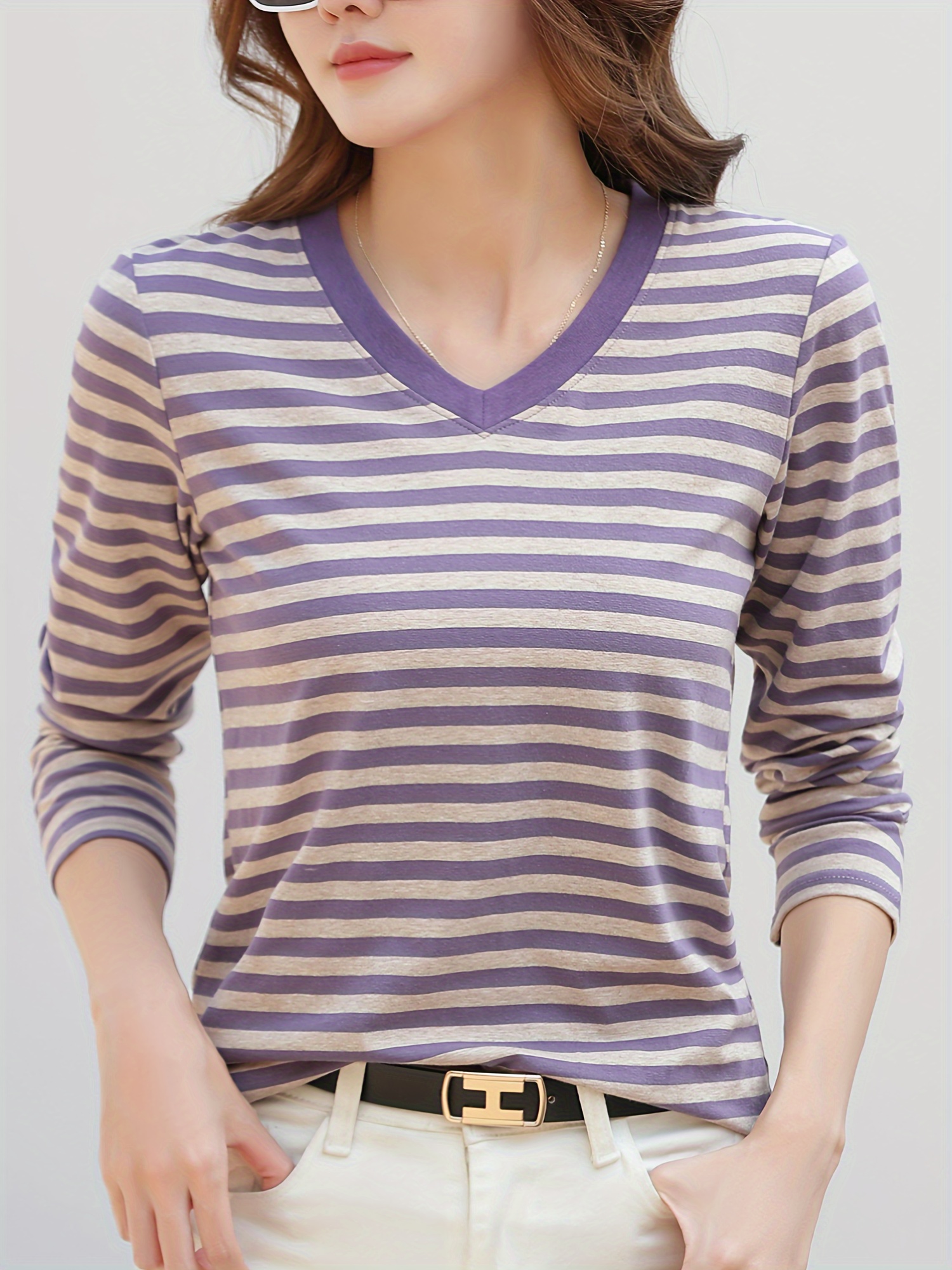 striped long sleeve t shirt v neck casual top for spring fall womens clothing purple 2