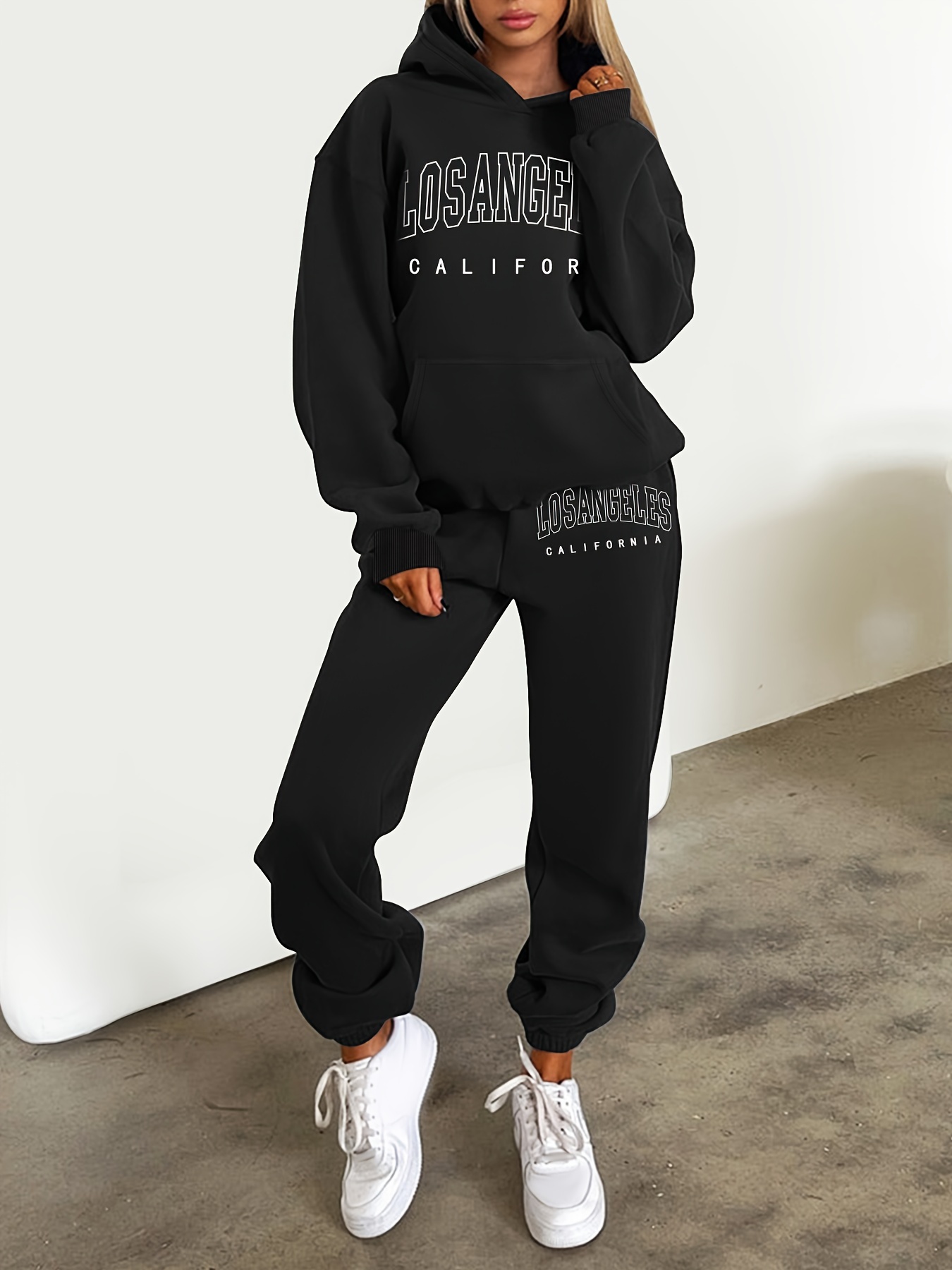 Plus Size Sporty Outfits Set, Women's Plus Letter Graphic Long Sleeve  Drawstring Hoodie With Pockets & Joggers Outfits 2 Piece Set