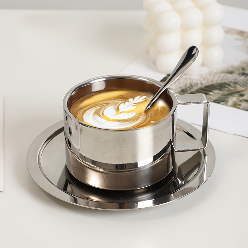 

Set, Stainless Steel Coffee Cup With Saucer, Mug Milk Cup Suitable For Home, Office, Cappuccino Cups For Coffee Drinks, Latte, Mocha, Tea