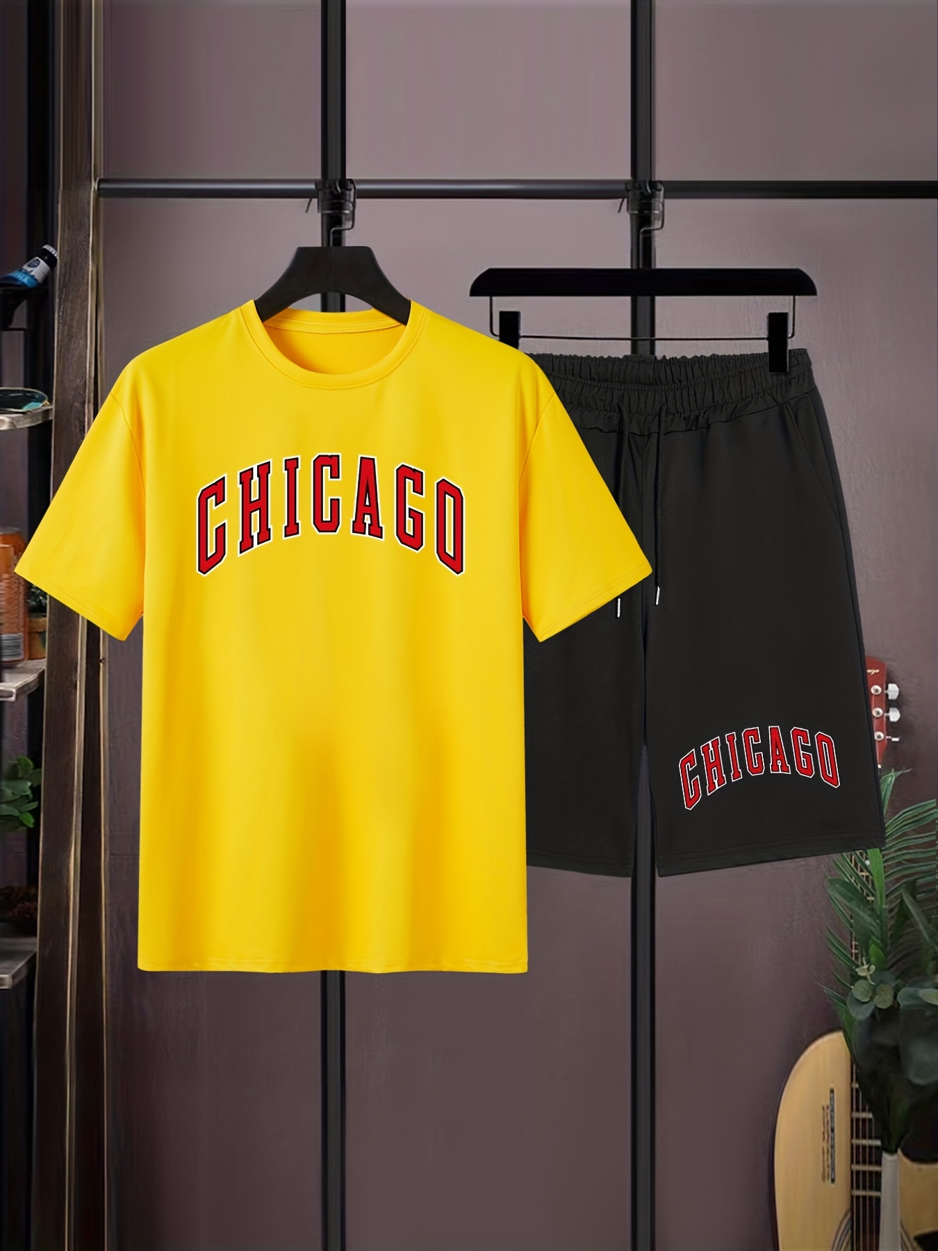 chicago'' Print,, Men's Short Sleeve Baseball Jersey Shirt And Drawstring  Shorts Set For Summer - Temu