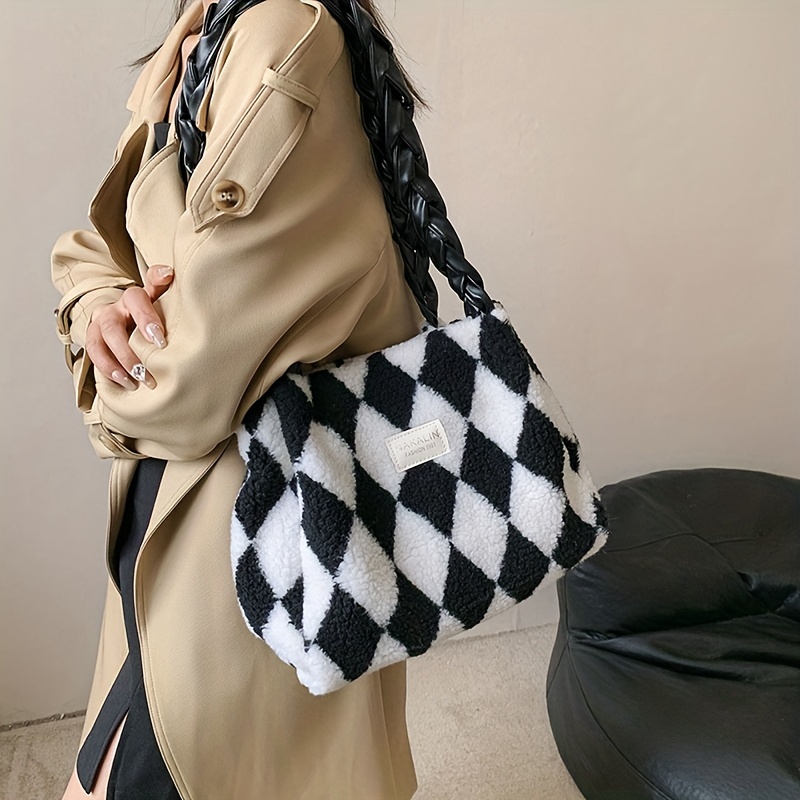 Checkered Pattern Letter Patch Decor Fuzzy Shoulder Tote Bag