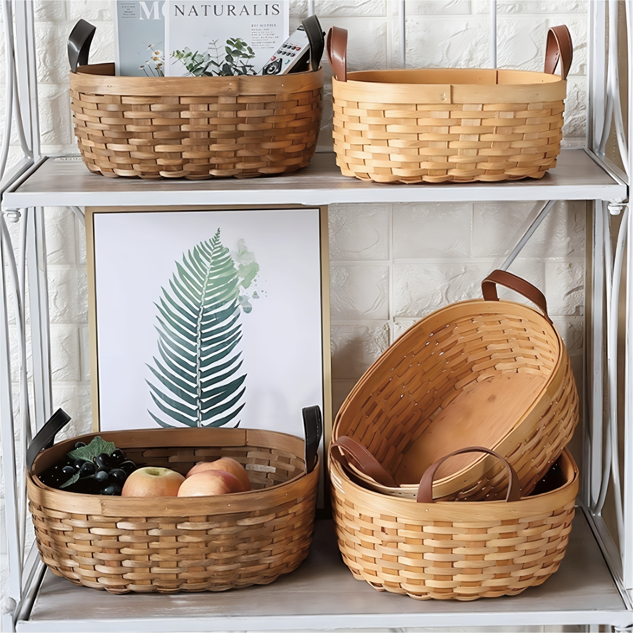 Small Round Natural Woodchip Wooden Decorative Storage Basket with Handle  Wood Chip Material Fruit Basket
