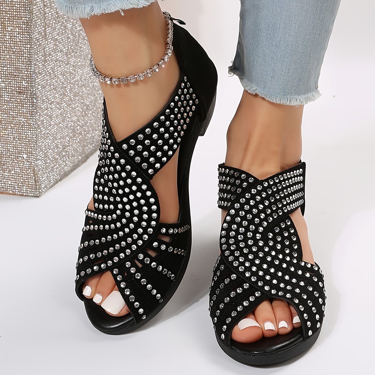 Women s Rhinestone Pattern Sandals Peep Toe Back Zipper - Temu