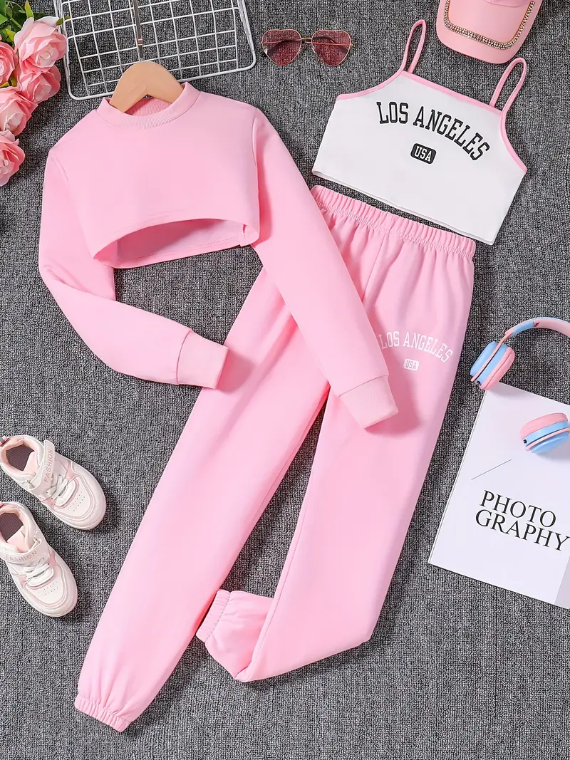 Trendy 3pcs, Cropped Long Sleeve Pullover + Cami Top + Jogger Pants Set For Girls Spring Fall Sports Gift