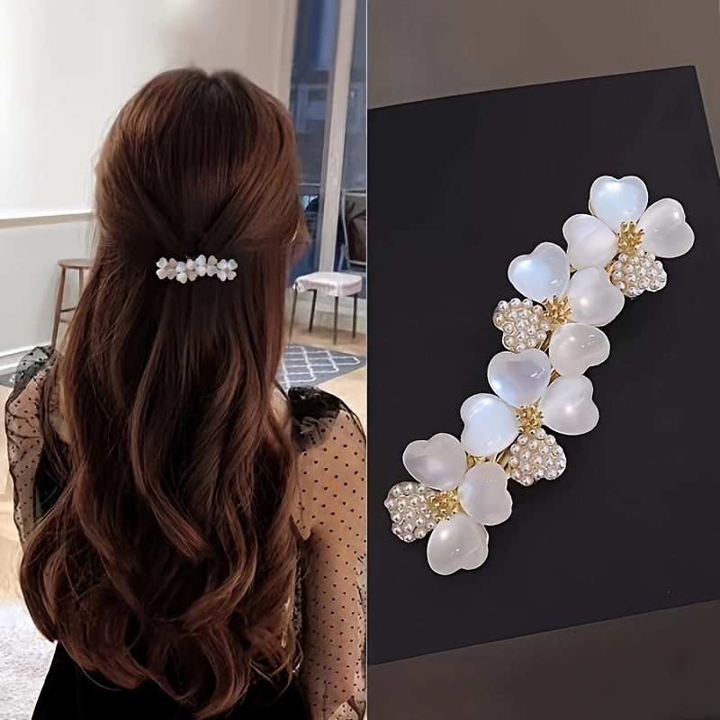

1pc Retro Alloy Faux Pearls Rhinestones Clover Spring Hair Clips Simple Hairpin For Women Strong Hold Hair Accessories