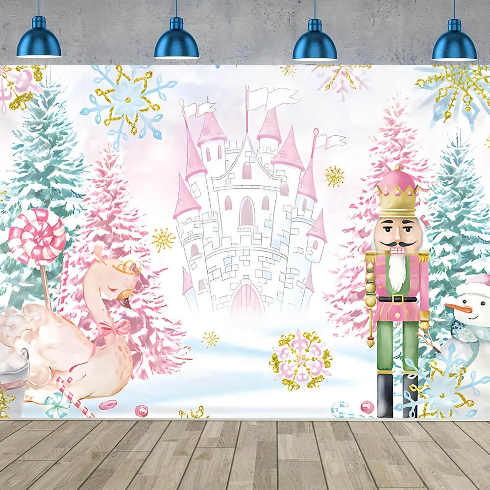 

1pc, Winter Nutcracker Pink Fantasy Castle Background Photography Cloth, Vinyl Snowman Lollipop Christmas New Year Holiday Party Christmas Eve Photo Studio Booth Props 7x5ft/8x6ft