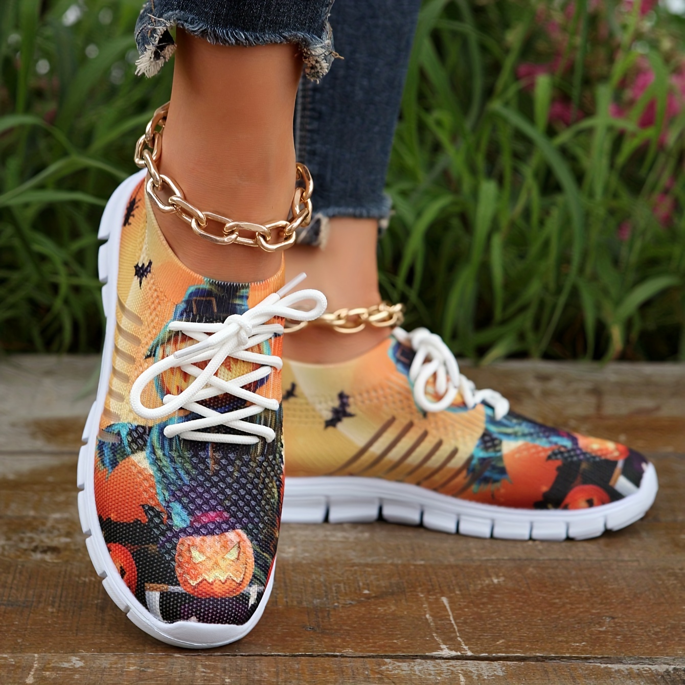 Women's Cartoon Print Knitted Sneakers, Slip On Shock Absorption