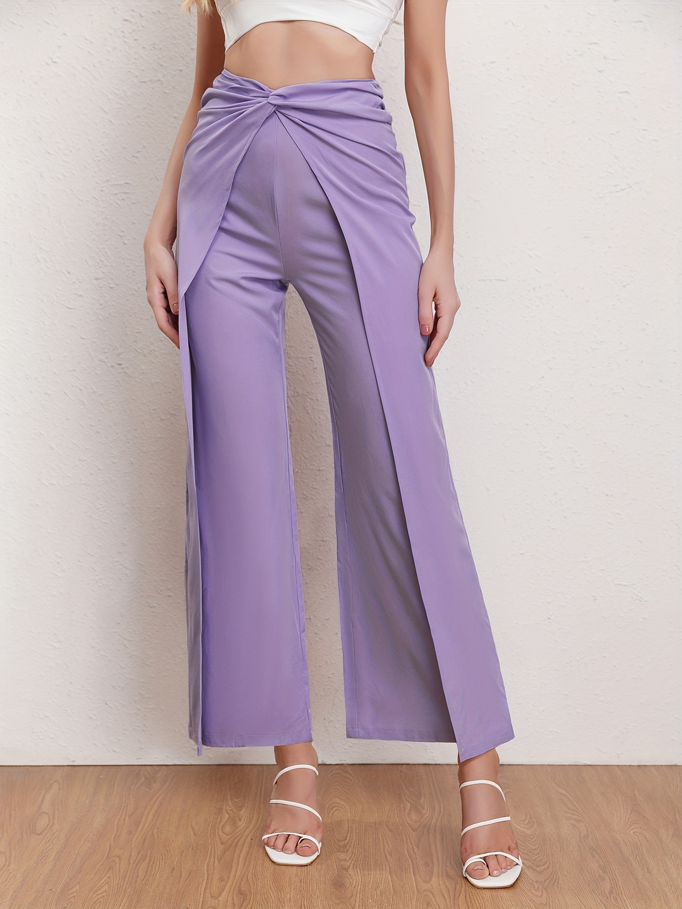 Solid Color Wide Leg Pants Elegant High Waist Chiffon Pants - Temu
