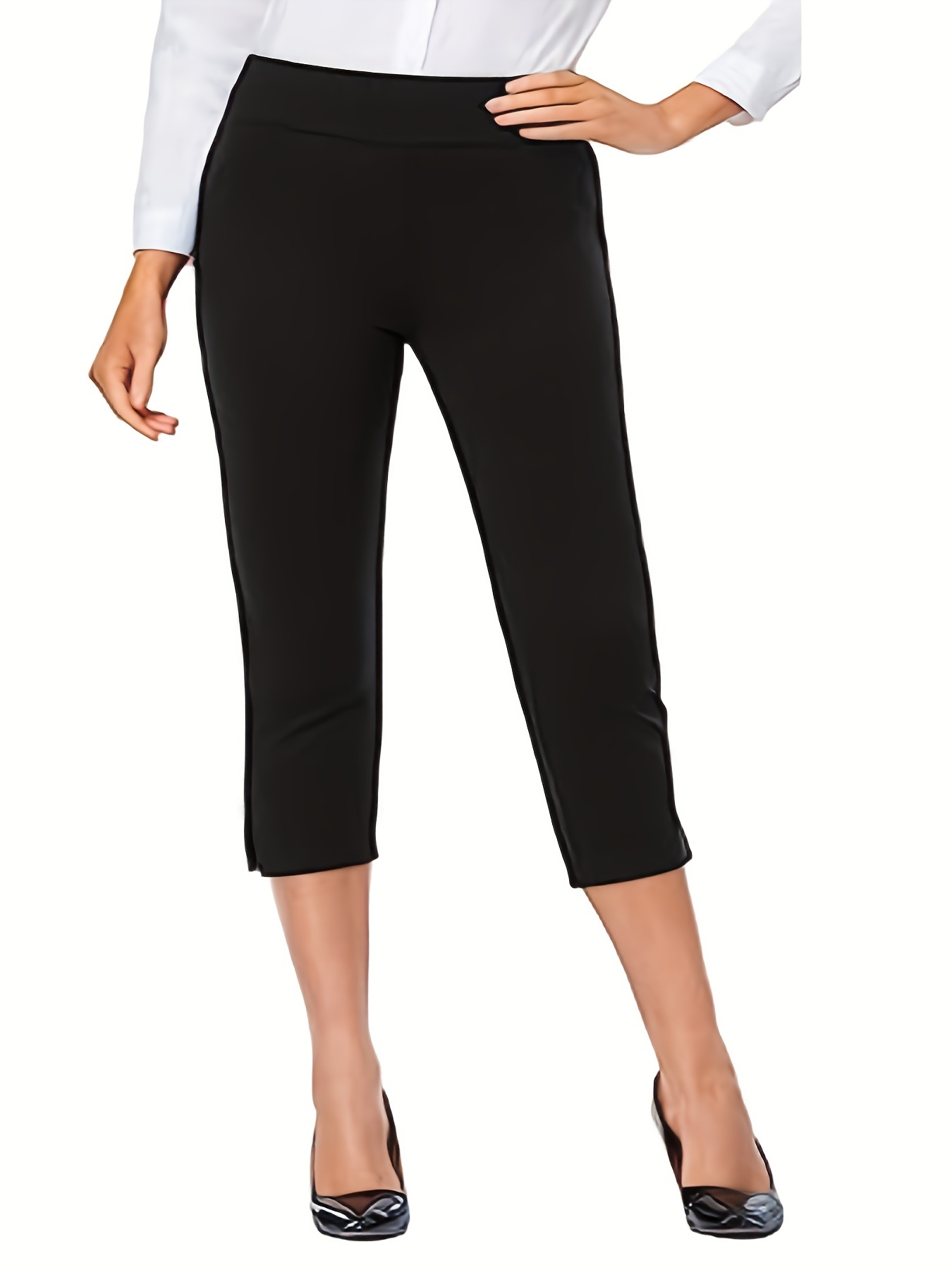 Plus Size Casual Capri Pants Women's Plus Solid Elastic - Temu Canada