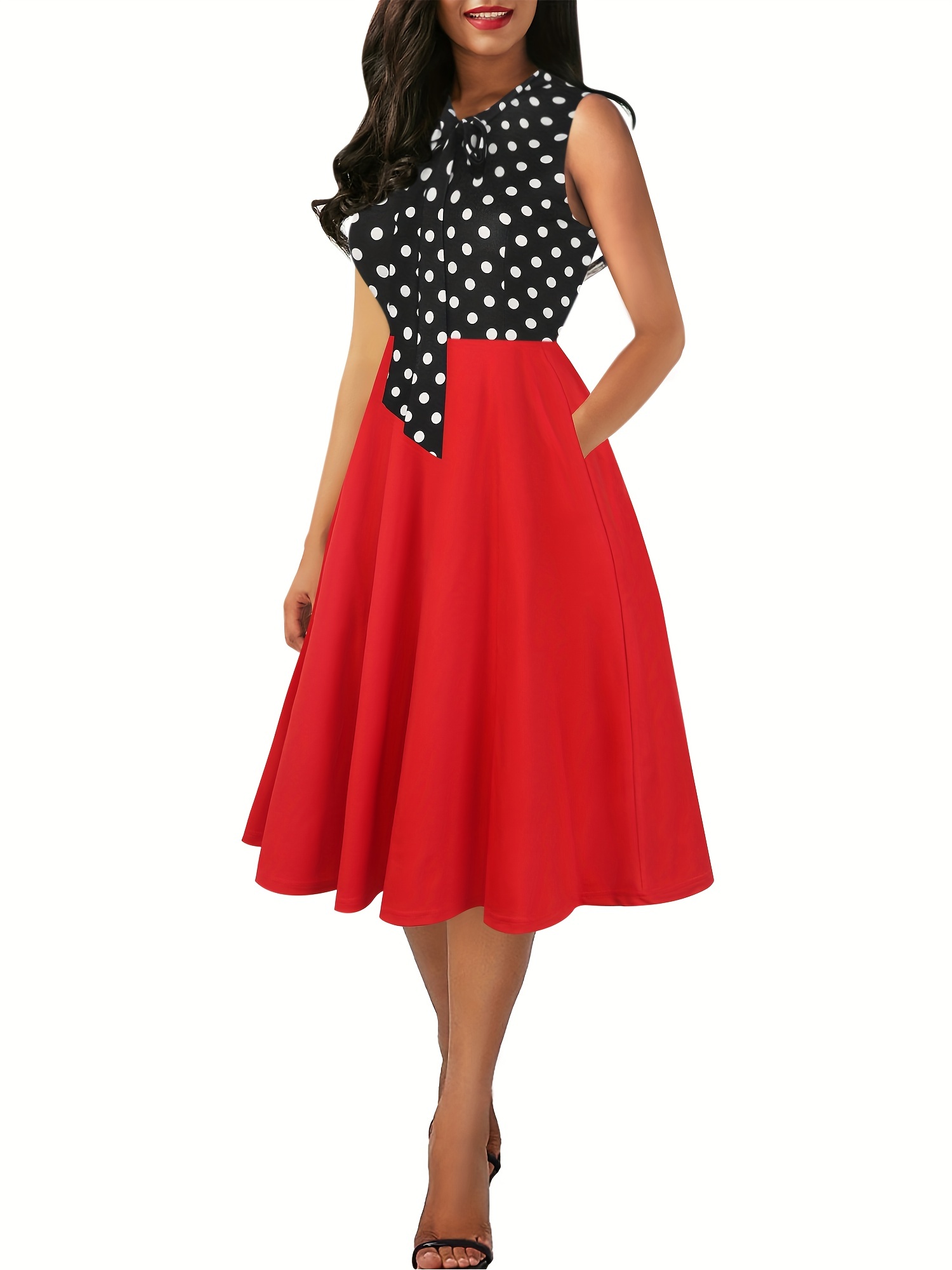 Classy Women Red Skater Dresses Cute Bowtie Sleeveless Fit and