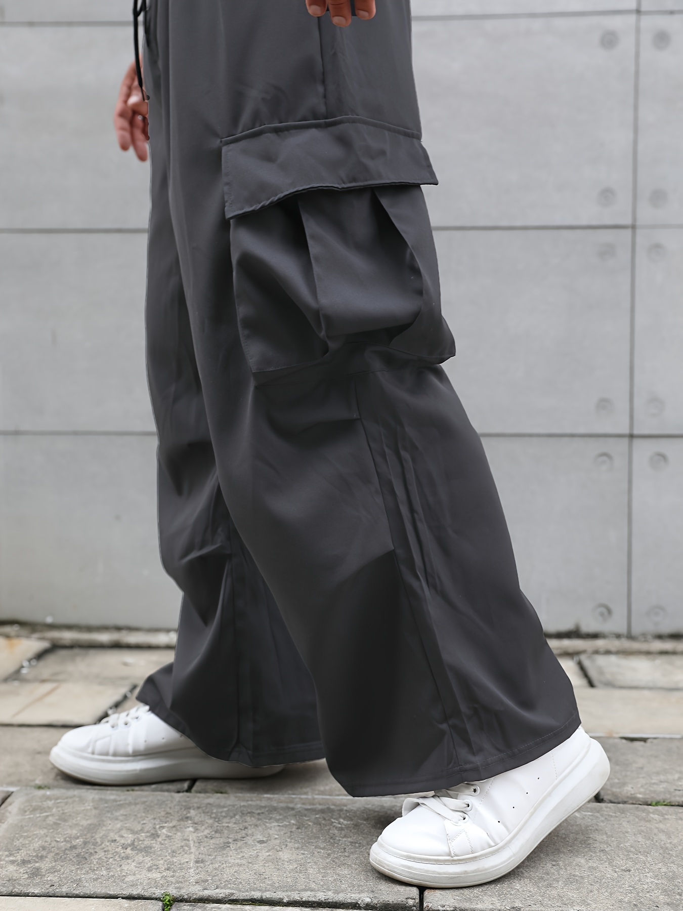 Wide Leg Pocket Solid Long Trousers, Men's Street Slight Stretch Loose Weekend Casual Large Trendy Cargo Pants