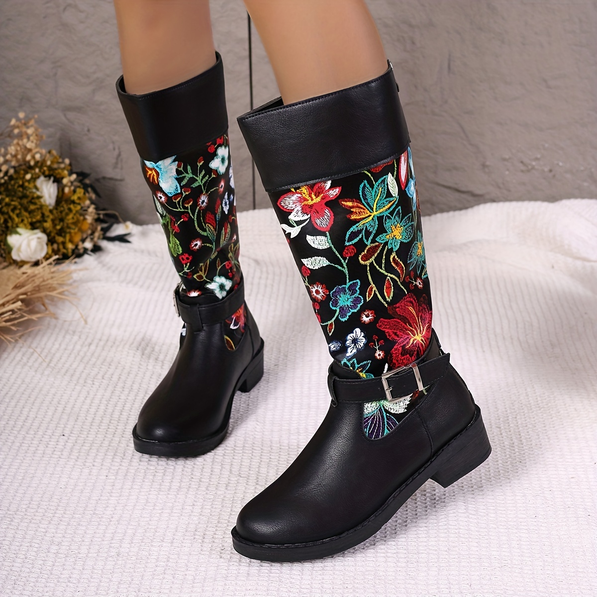 Botas Cuero Sint tico Ca a Alta Estampado Floral Mujeres Temu Mexico