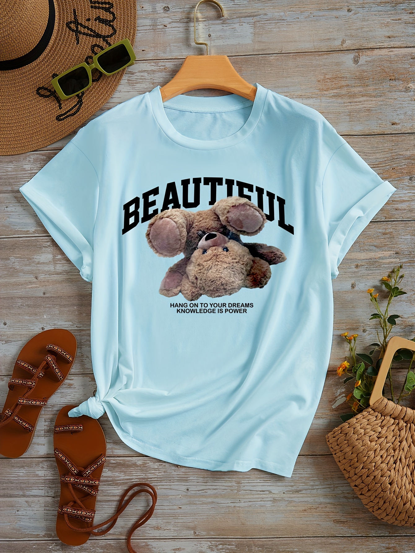 Beautiful Teddy Bear Printed Hoodie Women Hang On To Your Dreams Knowledge  Is Power Sweatshirt Cotton
