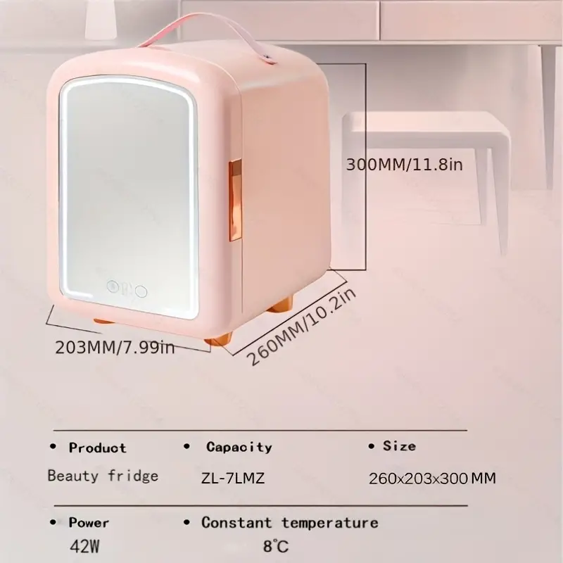 portable mirrored personal fridge 7 liter dc12v mini beauty refrigerator skin care makeup storage beauty serums and face masks small for desktop or travel cold cosmetic application pink details 0