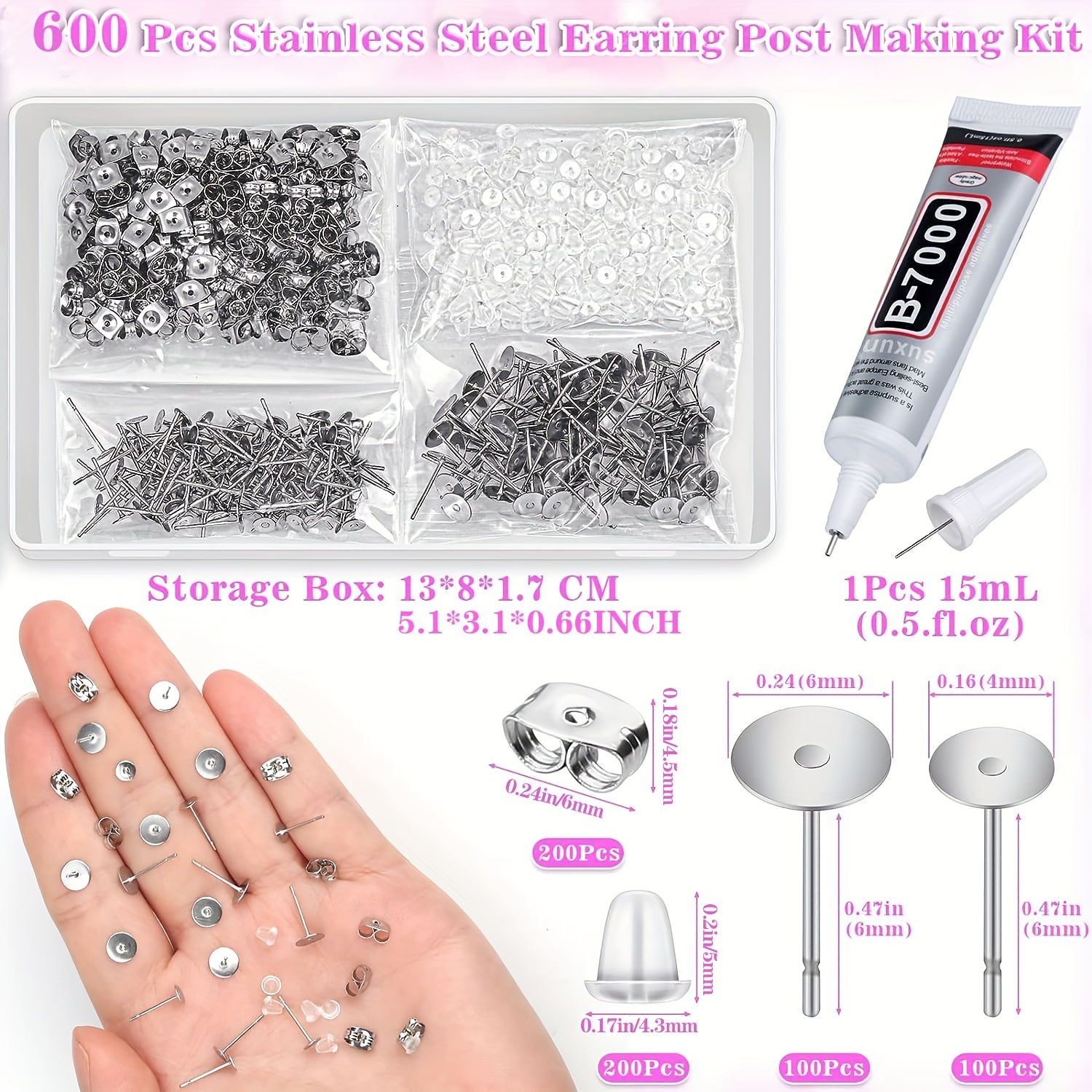 600 PCS 5MM Hypoallergenic Stainless Steel Earrings Posts Flat Pad