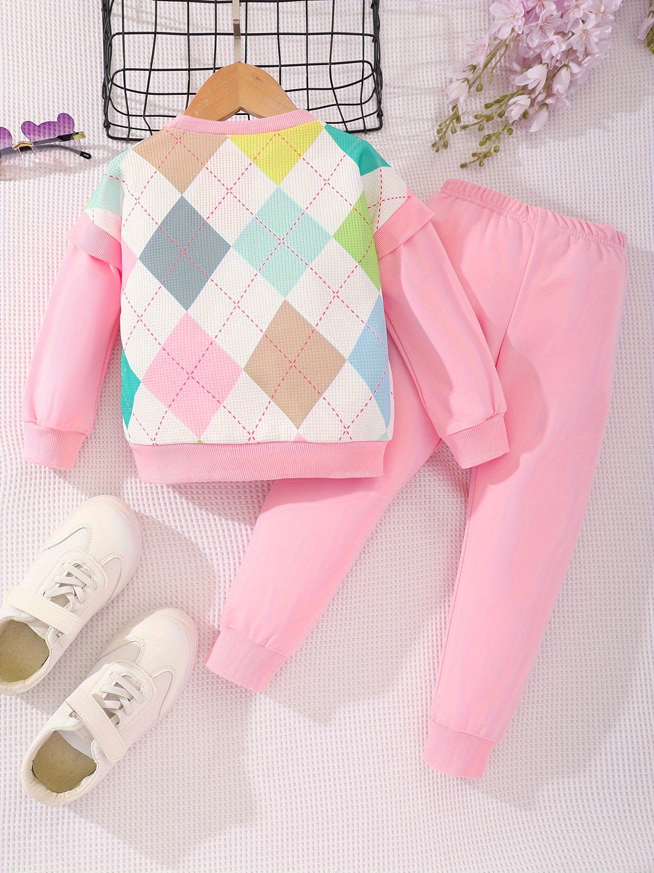 Girls Cotton Argyle Print Pullover Sweatshirt & Matching Sweatpants Kids  Clothes - Temu