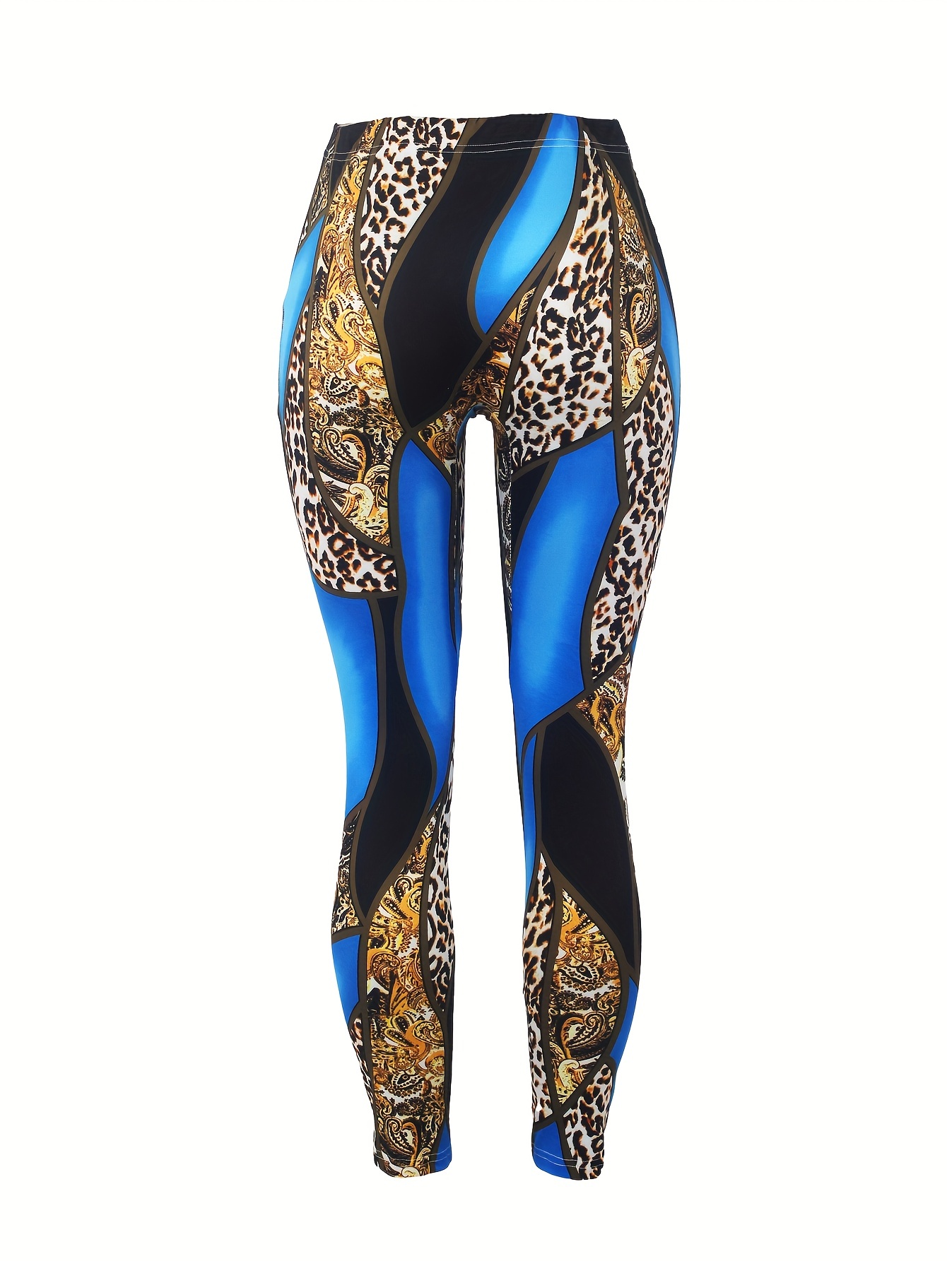 Color Block Leopard Print Skinny Leggings Casual Elastic - Temu