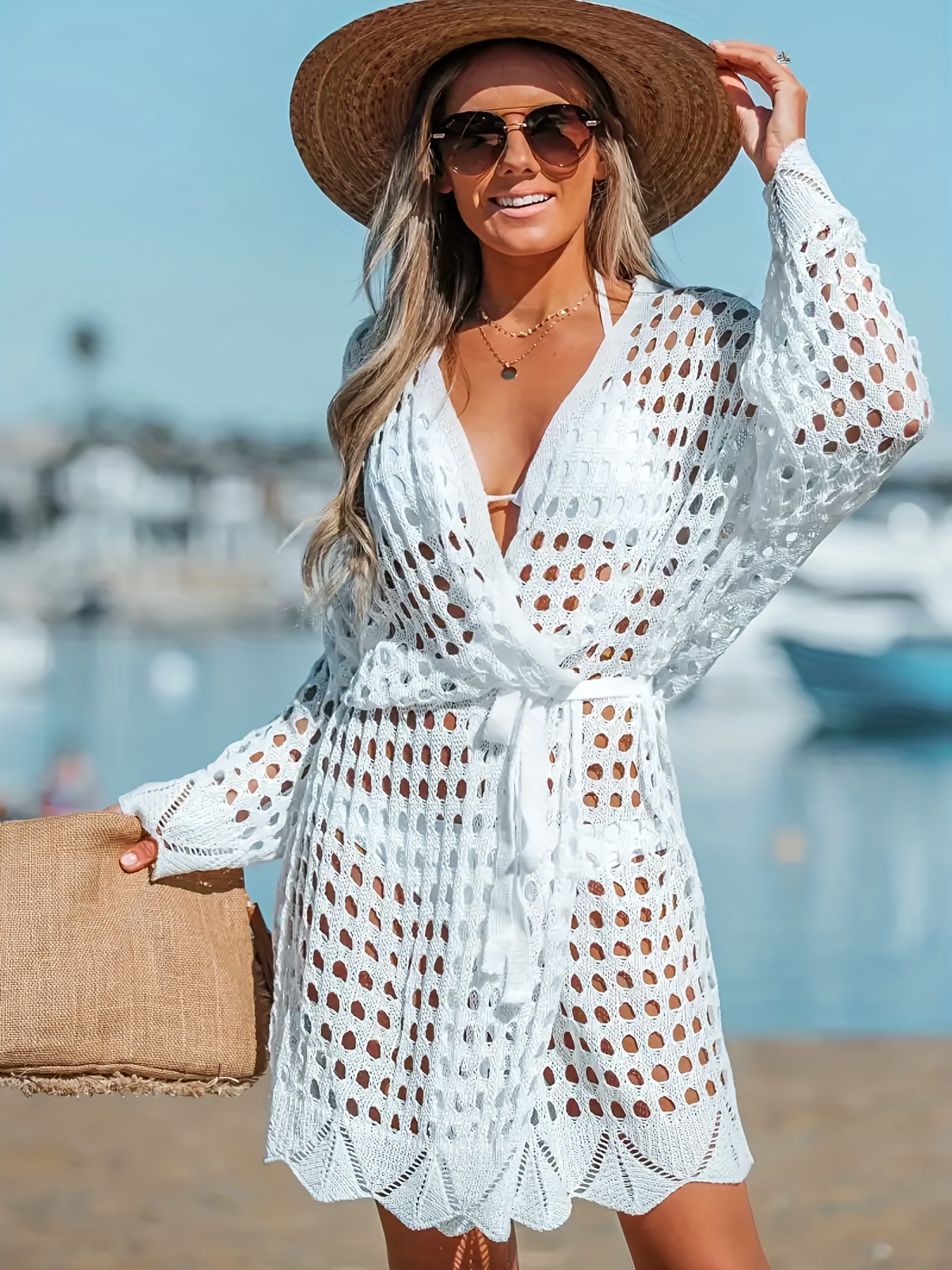 crochet beach wear dress vacation summer long sleeve tie - Temu