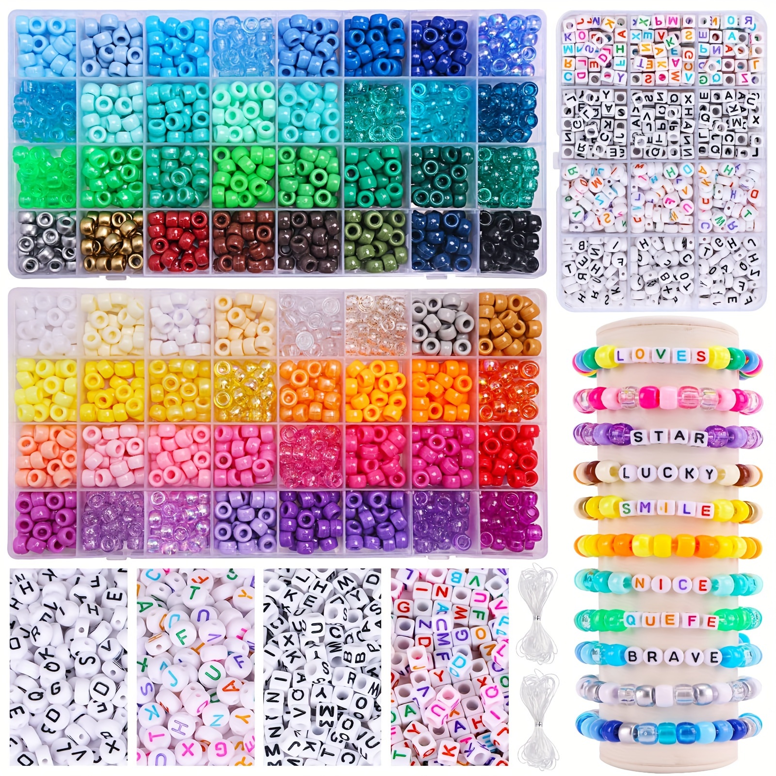 Quefe 3960pcs Pony Beads for Friendship Bracelet Making Kit 48 Colors Kandi  Beads Set, 2400pcs Plastic Rainbow Bulk and 1560pcs Letter Beads with 20  Meter Elastic Threads for Craft Jewelry Necklace