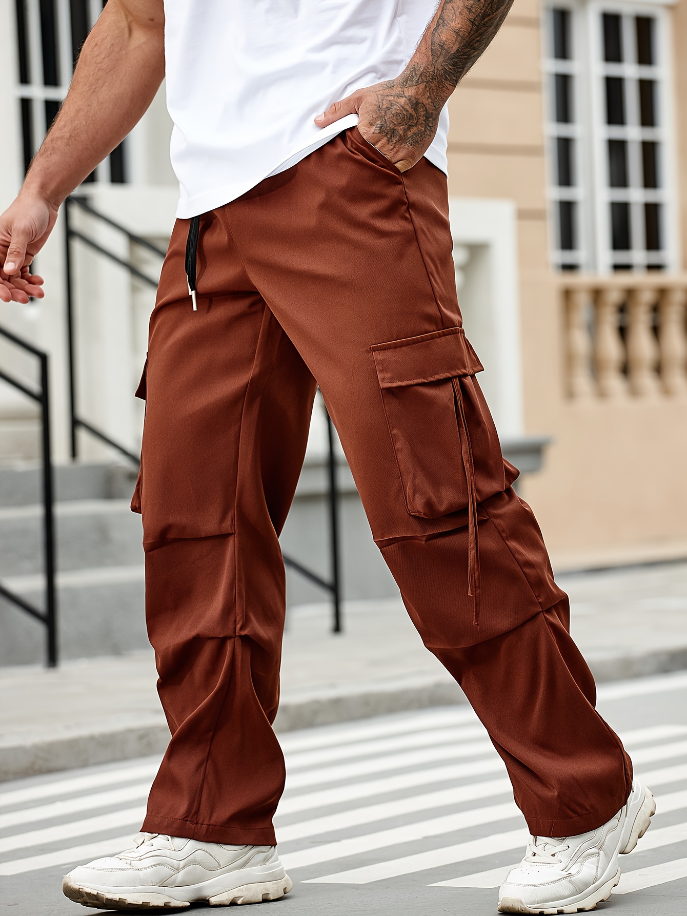 Solid Flap Pocket Loose Cargo Pants Casual Streetwear - Temu Canada