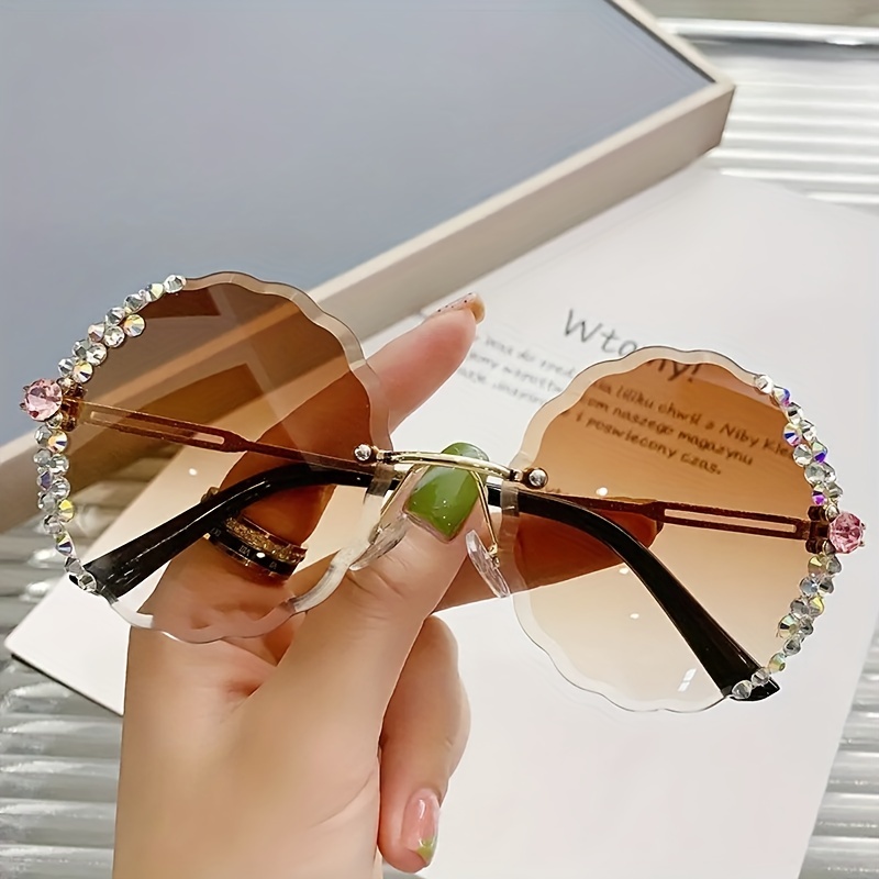 Rhinestone Decor Rimless Sunglasses Gradient Lens Flower Shaped Round Glasses