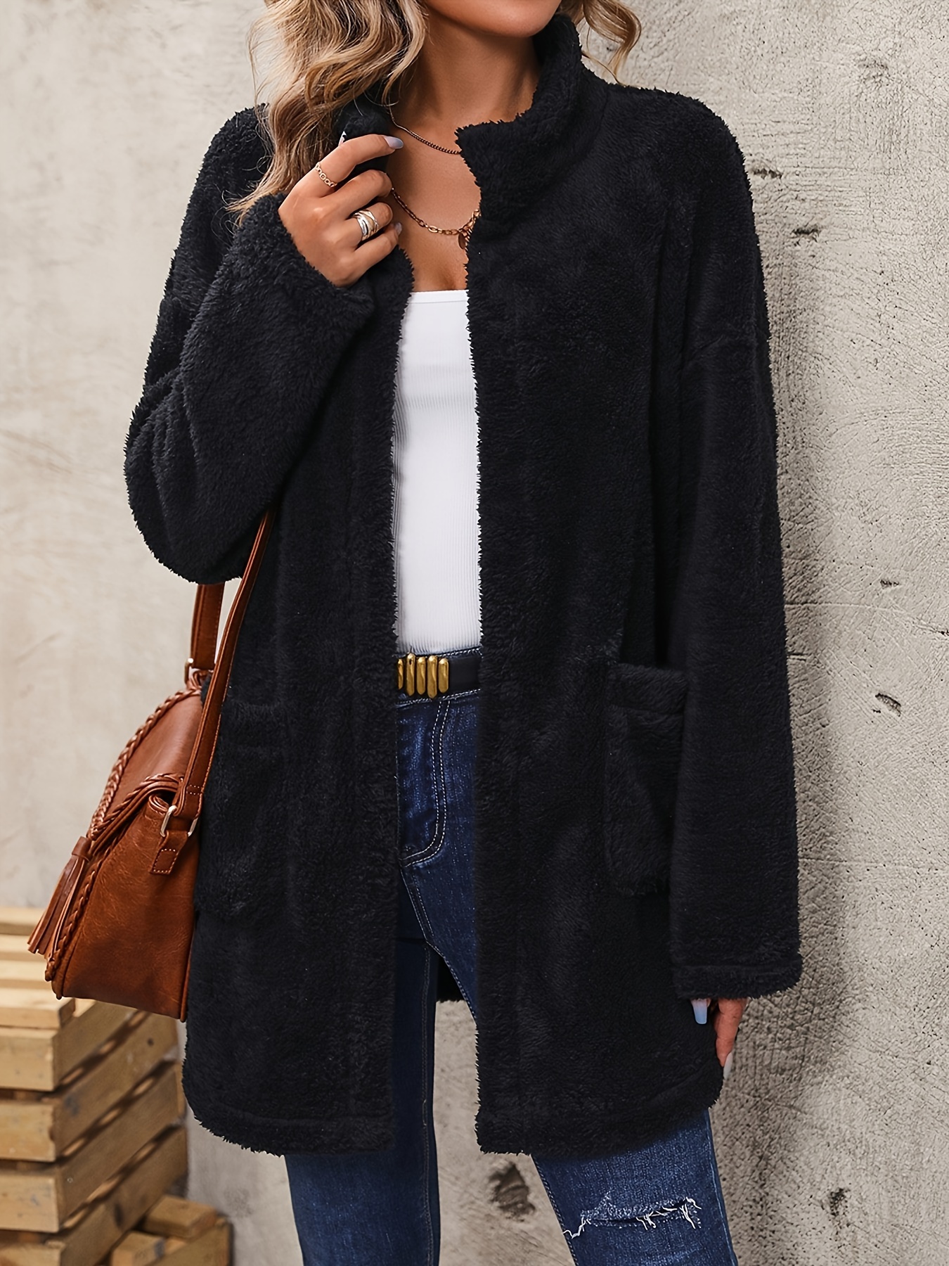 Women's Winter Thermal Coat, Solid Color Casual Long Sleeve Jacket Coat,  Winter Loose Top
