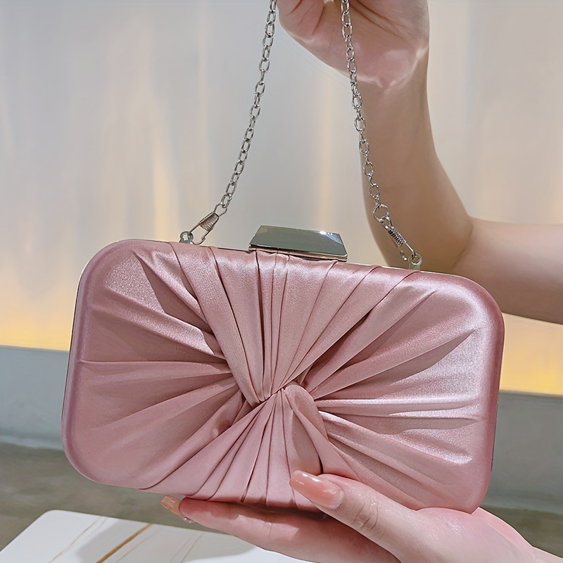 Metal Handle Chain Pleated Clutch Bag, Elegent Textured Cloth Frame Bag,  Classic Celebrity Dinner Evening Bag