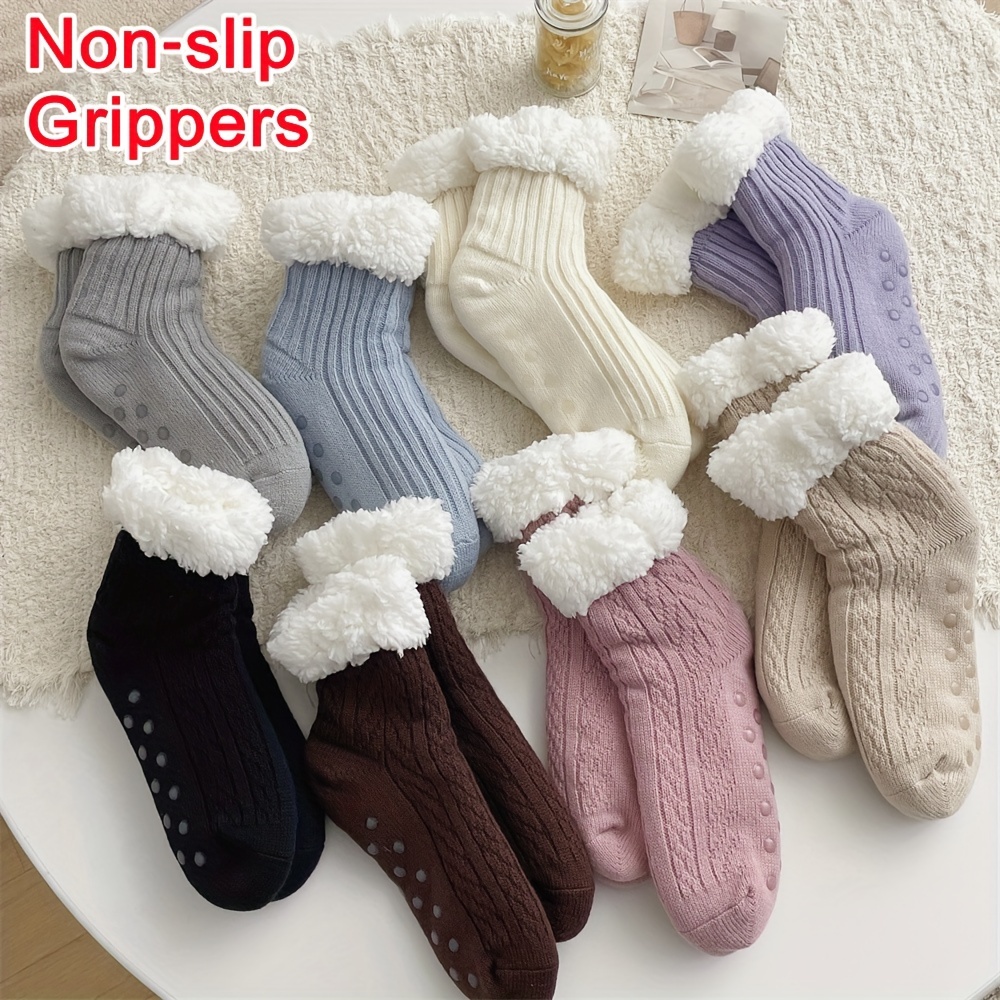 Warm Knitted Slipper Sock Cozy Fuzzy Fleece lined Socks - Temu Canada