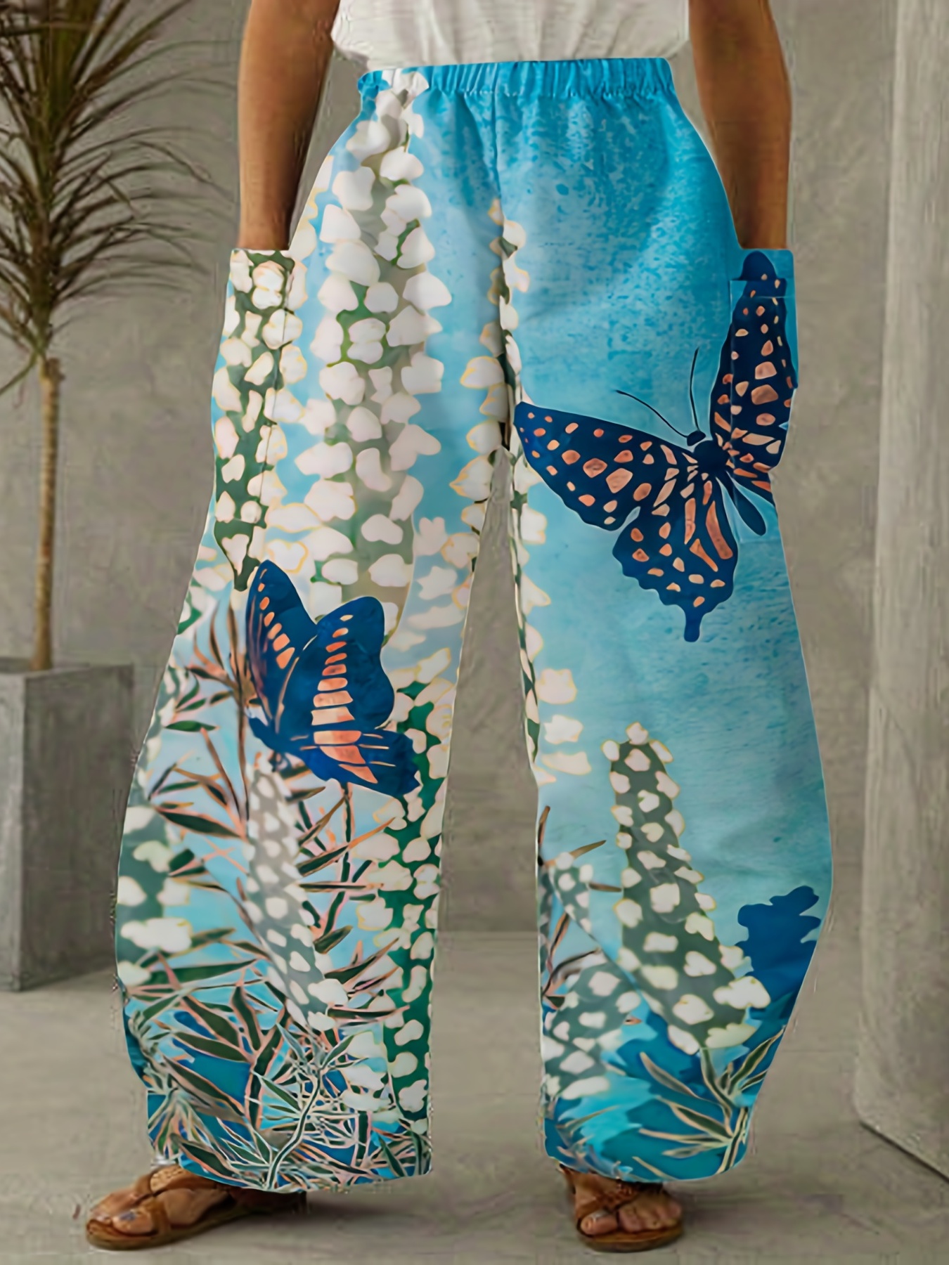 Butterfly Print Wide Leg Pants, Boho Elastic Waist Pants With Pockets,  Women's Clothing